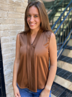 Abbey Brown Satin Collard Sleeveless Blouse