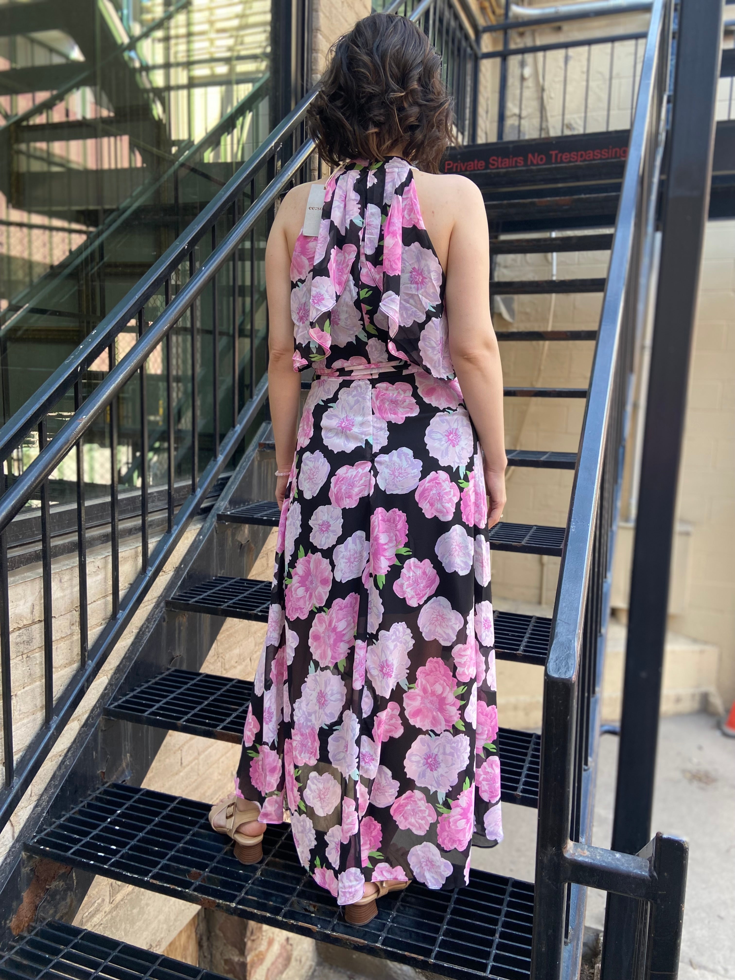 Ollie Black & Pink Halter Floral Maxi Dress