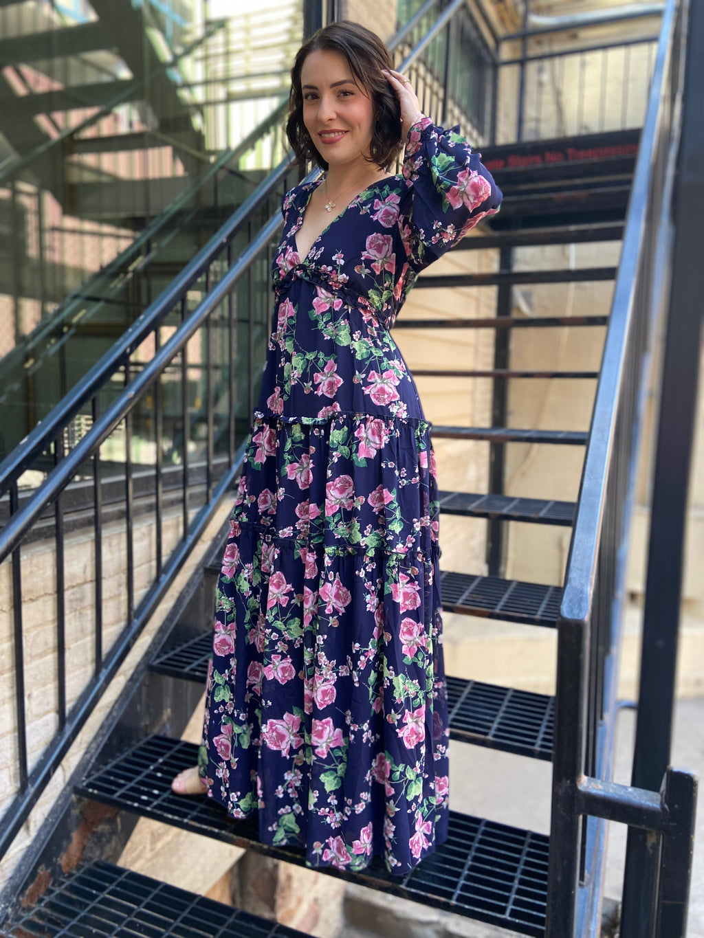 Marky Navy Blue V-Neck Long Sleeve Maxi Dress - MK Threads Boutique
