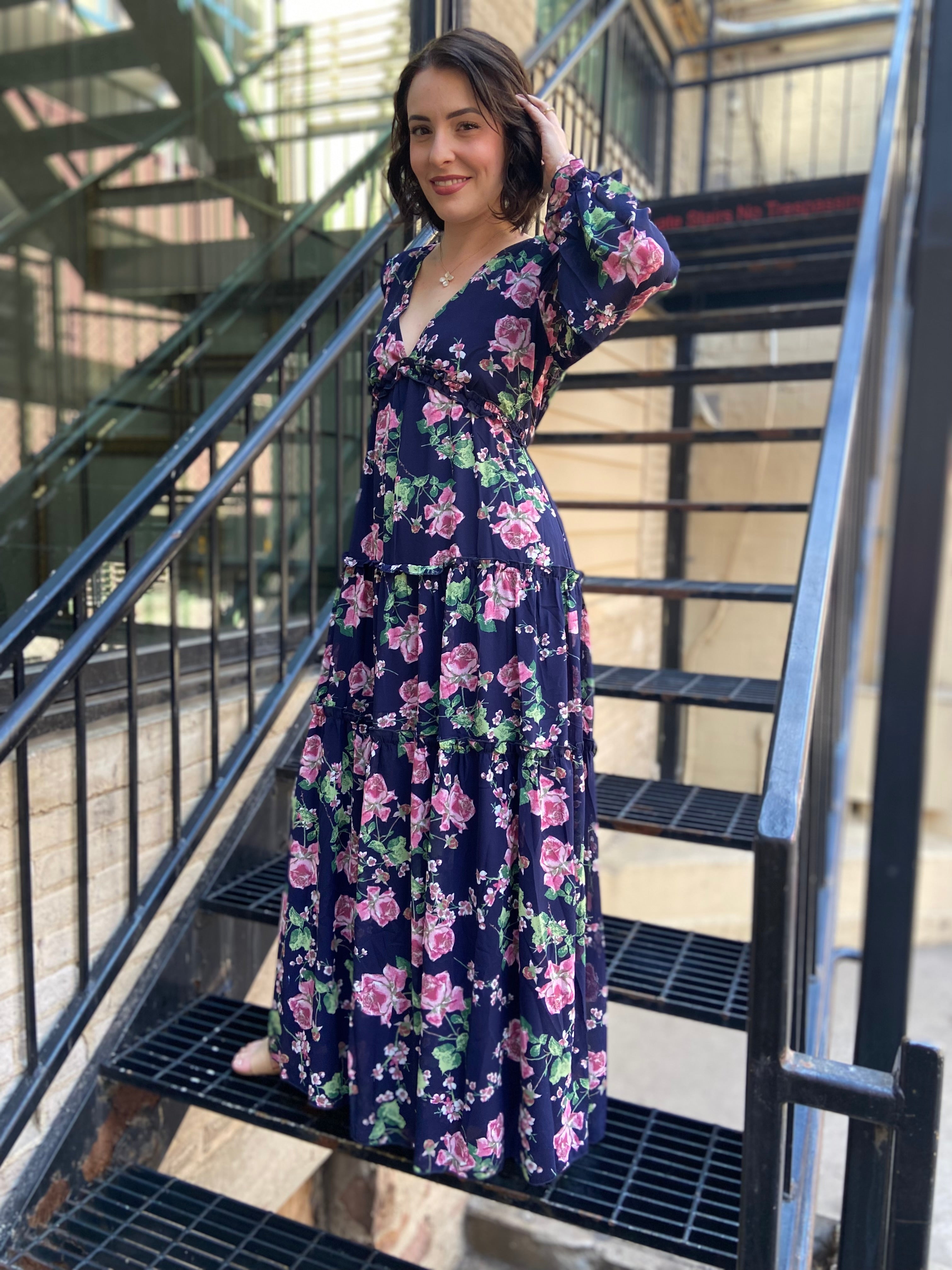 Marky Navy Blue V-Neck Long Sleeve Maxi Dress