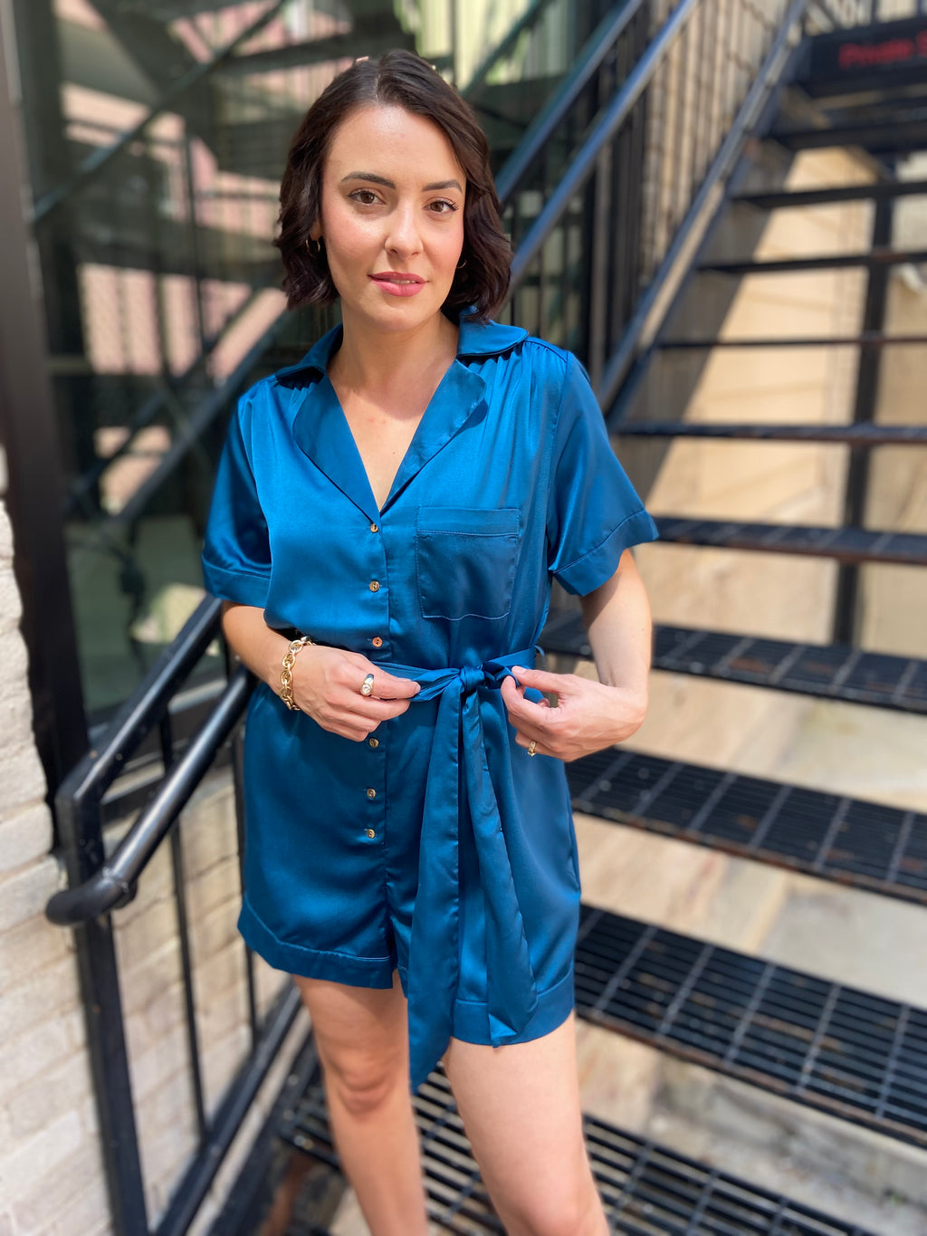 Harper Teal Satin Romper