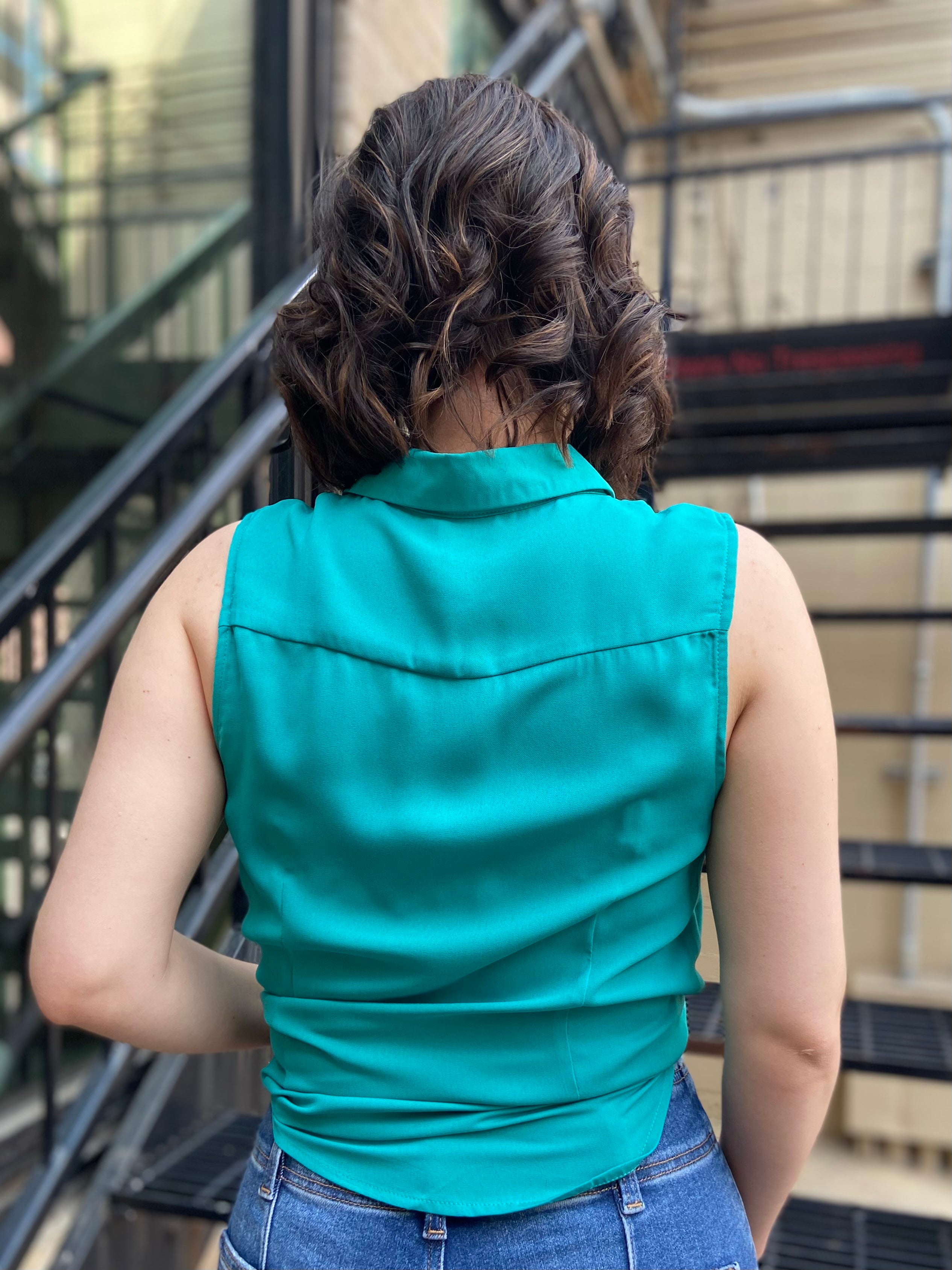 Ellen Teal Sleeveless Button Down