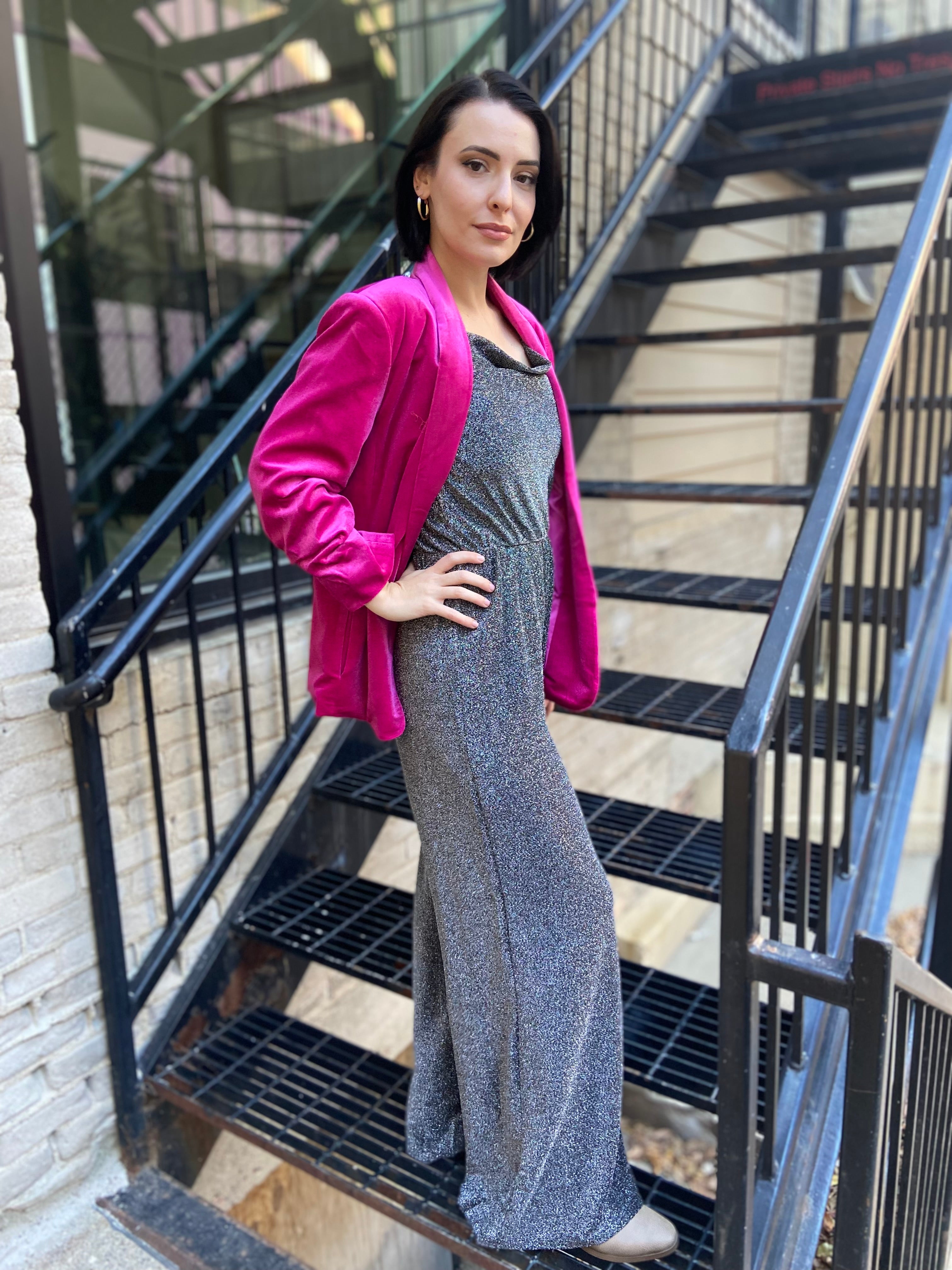 Tiffany Black And Silver Cowl Neck Glitter Jumpsuit