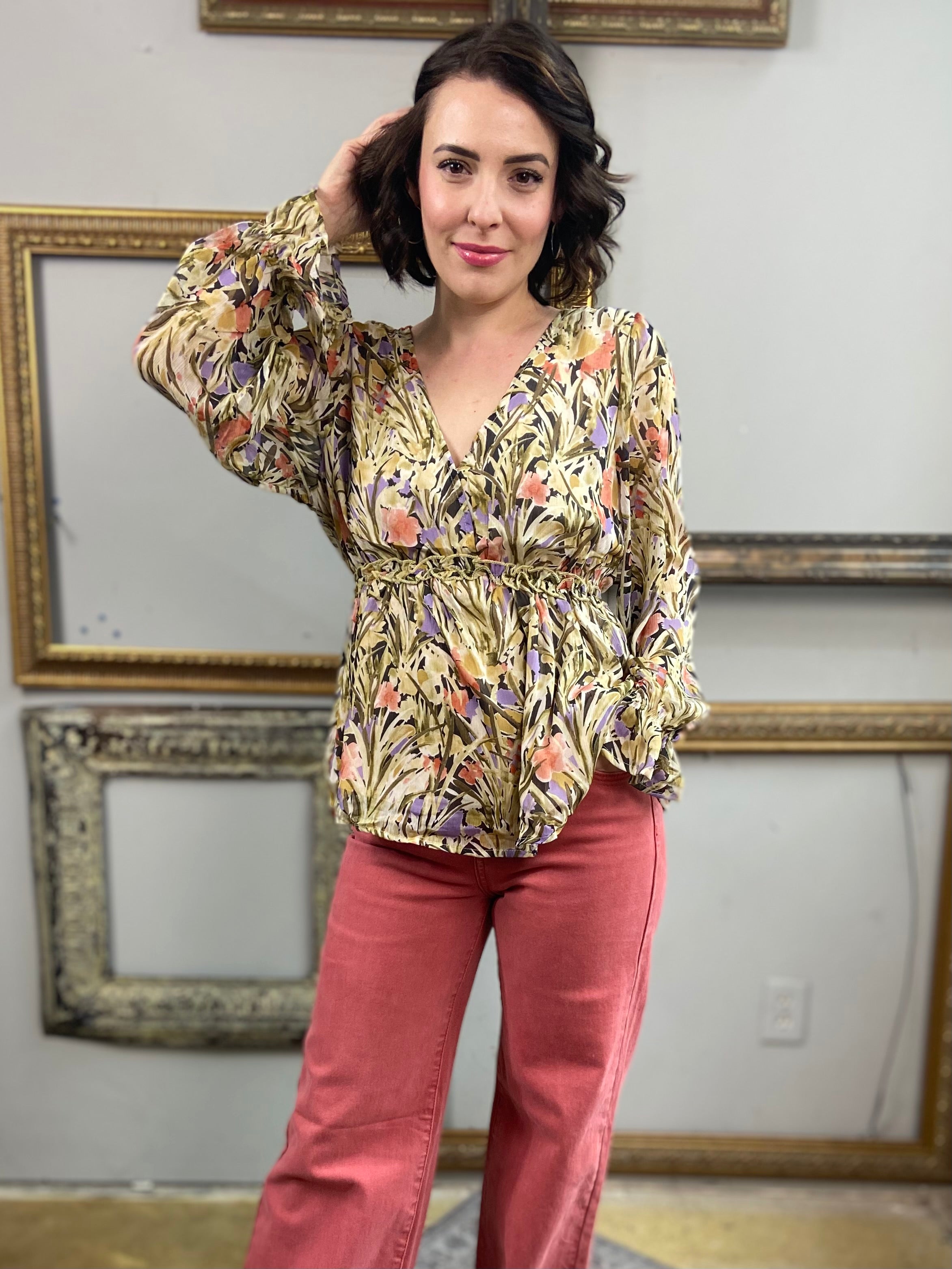 Ezra Olive Floral Pattern Long Sleeve Blouse - MK Threads Boutique