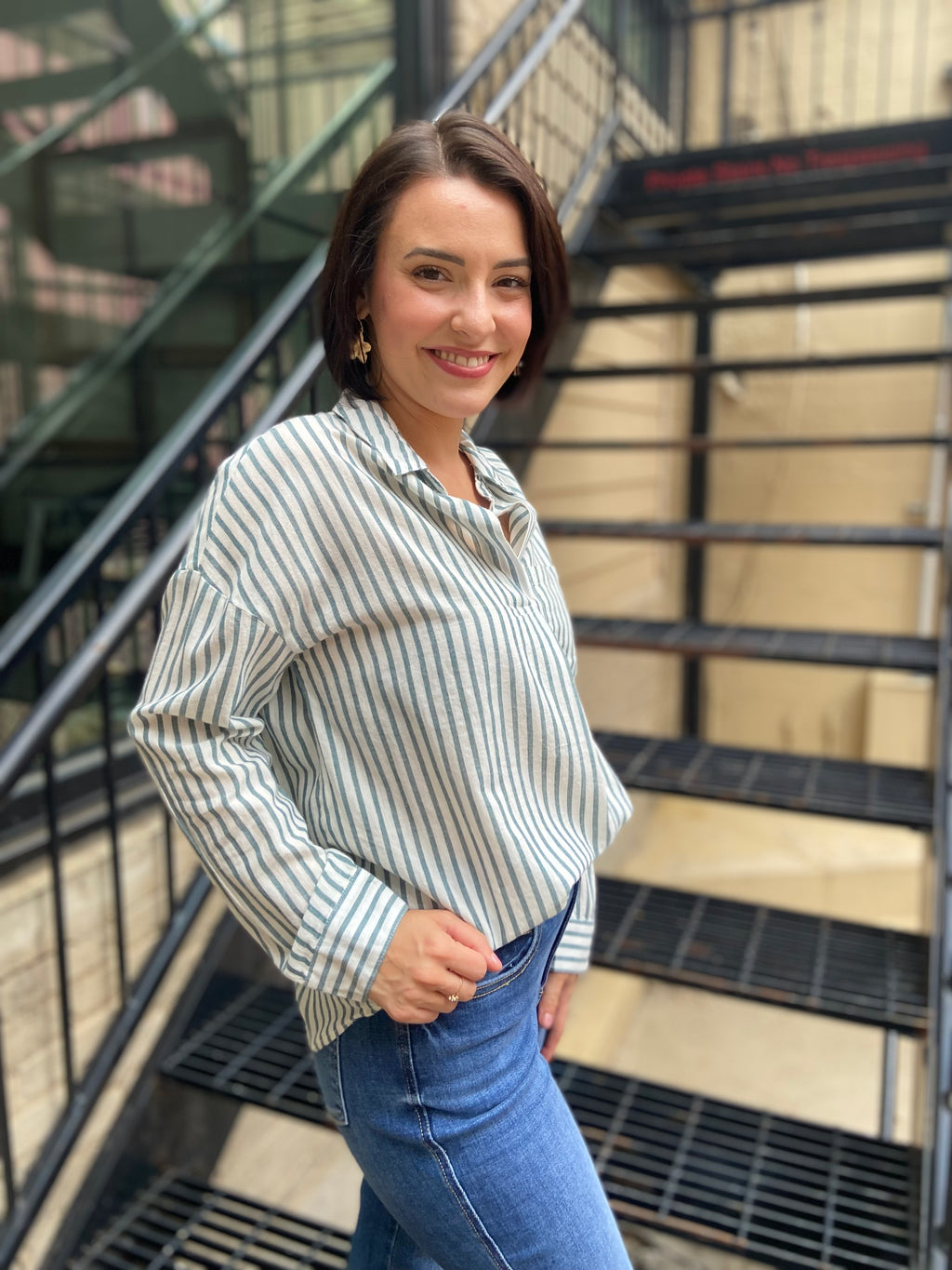 Sallie Moss Green Front Tuck Striped Long Sleeve