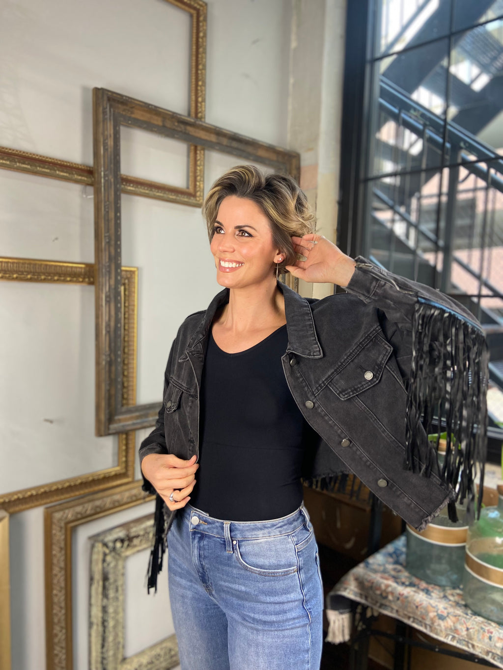 Cara Black Fringe Crop Jean Jacket