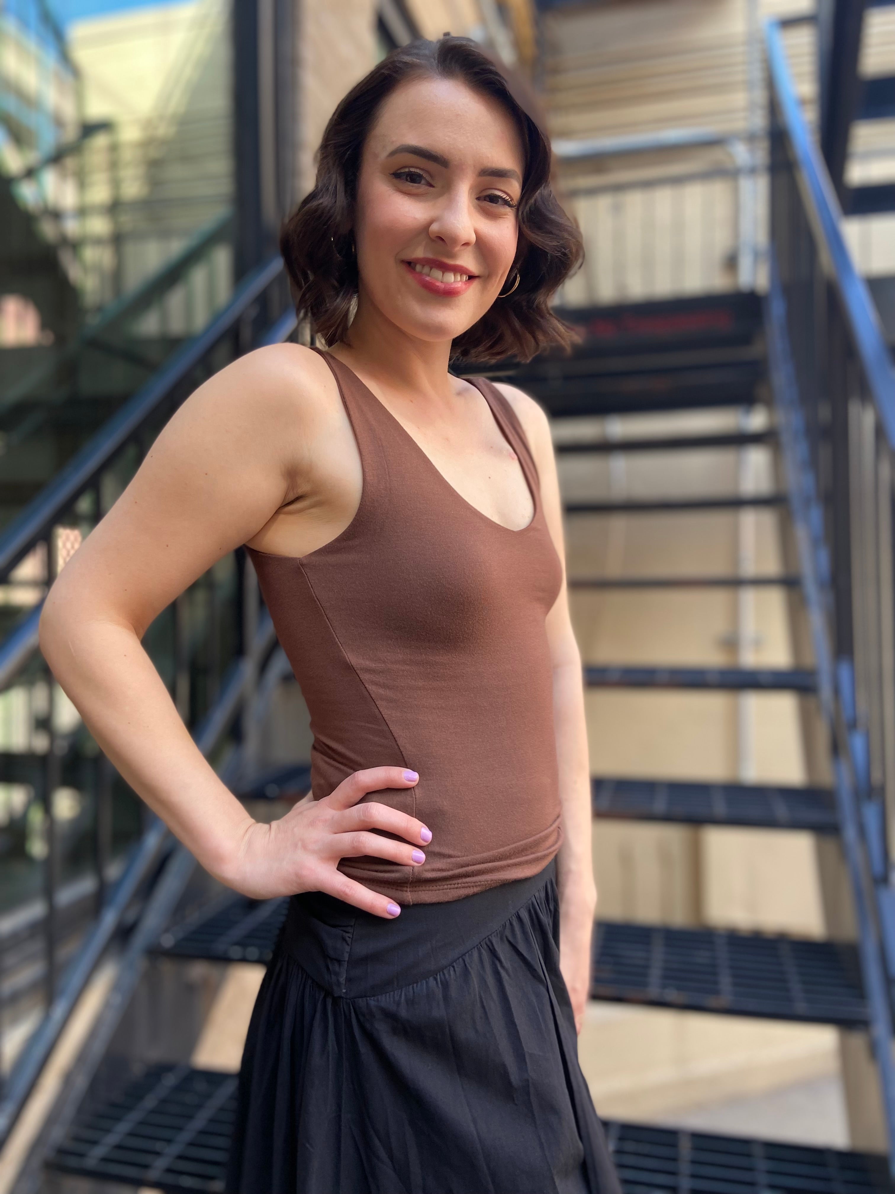 Rula Brown Double Line V Neck Tank Top - MK Threads Boutique