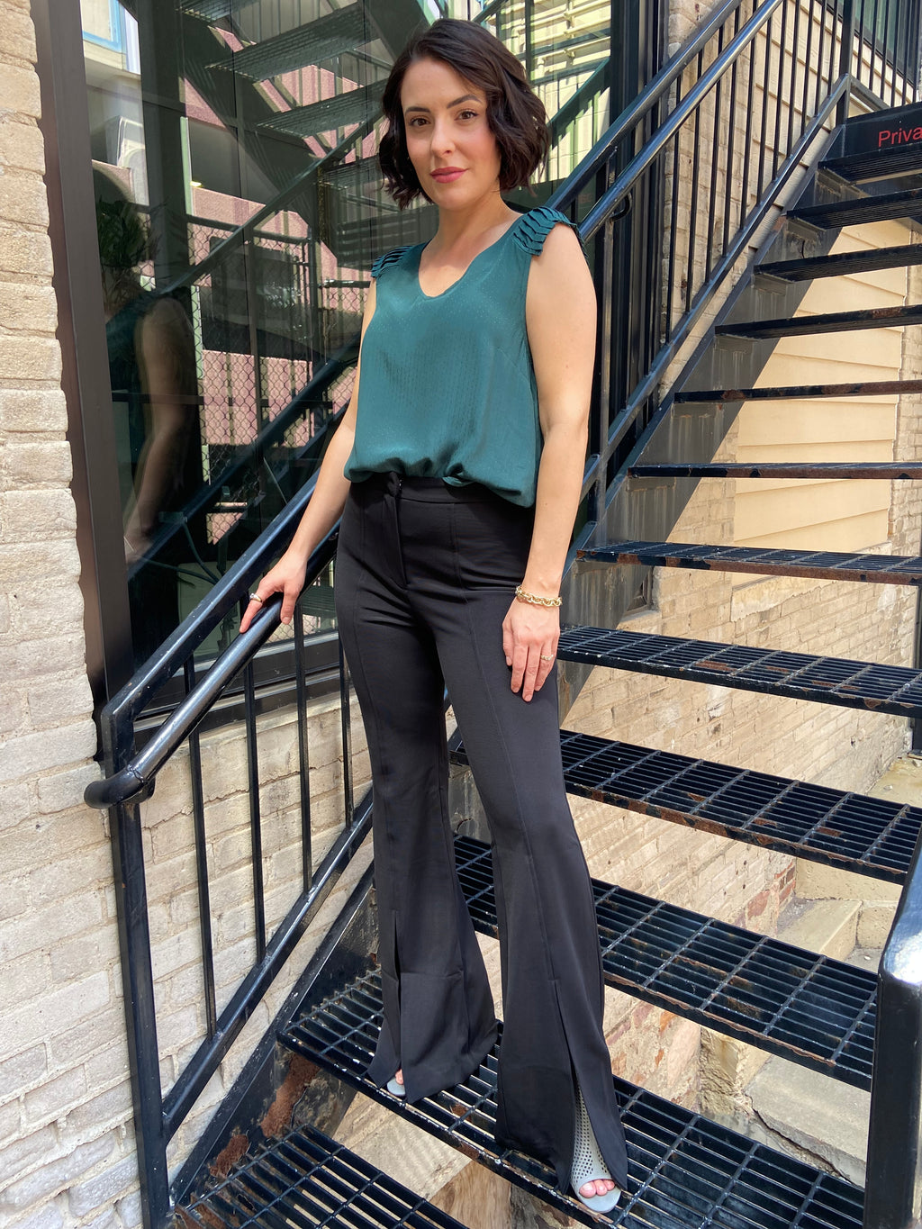 Courtney Black Front Slit Flare Pants