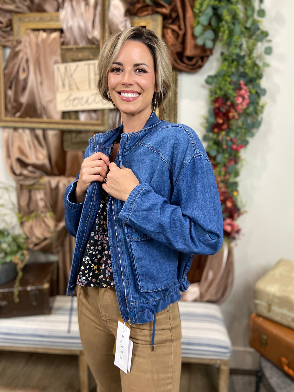 Jessica Dark Wash Denim Zip Up Risen Jacket