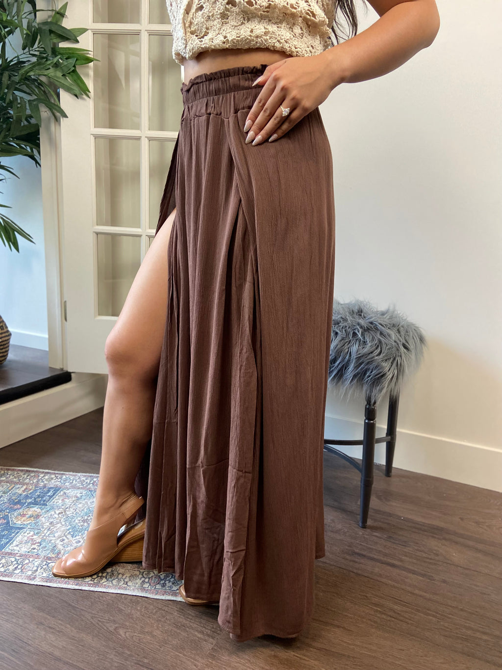 Theo Brown Midi Crinkle Slit Skirt - MK Threads Boutique