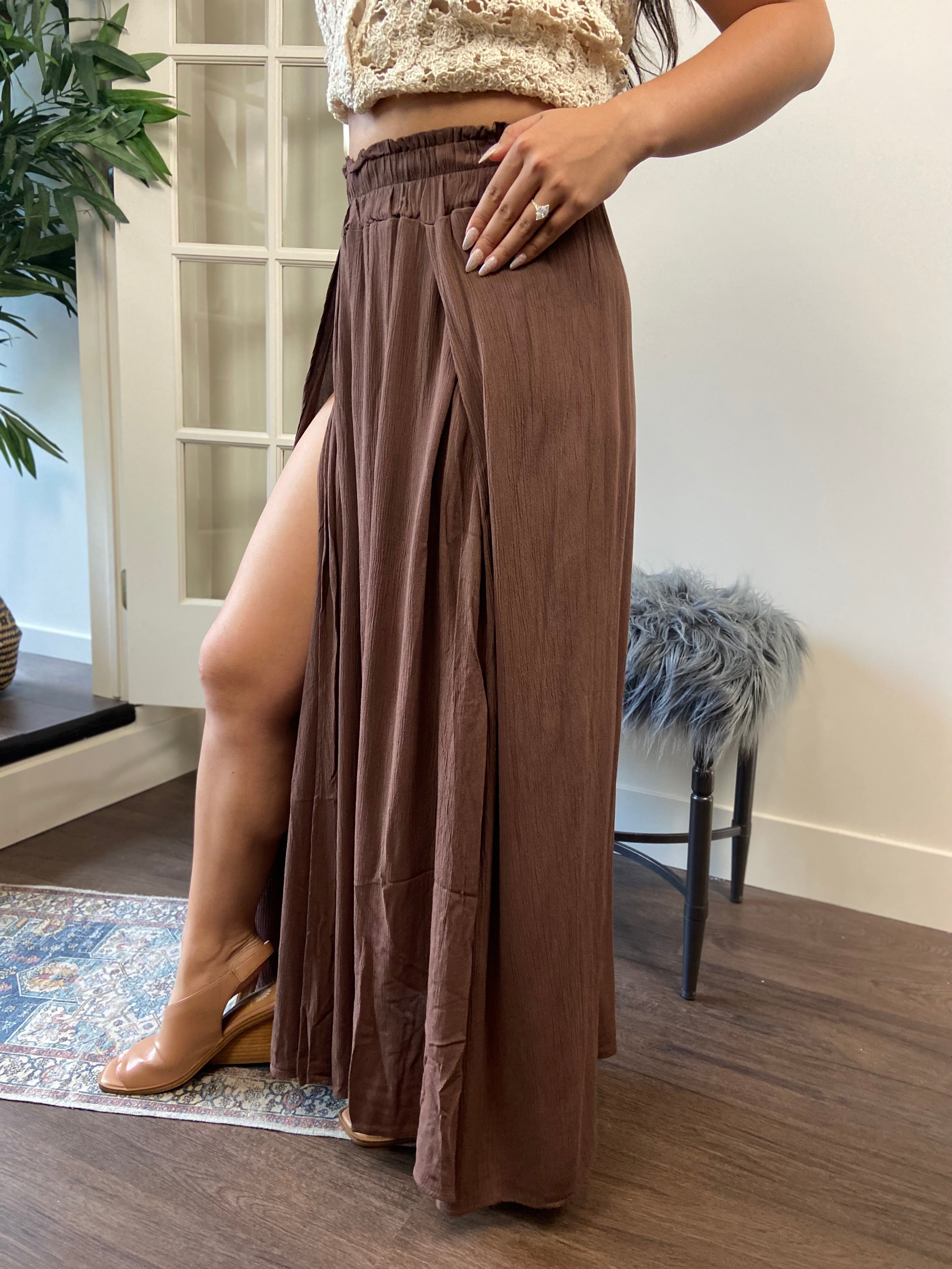 Theo Brown Midi Crinkle Slit Skirt - MK Threads Boutique