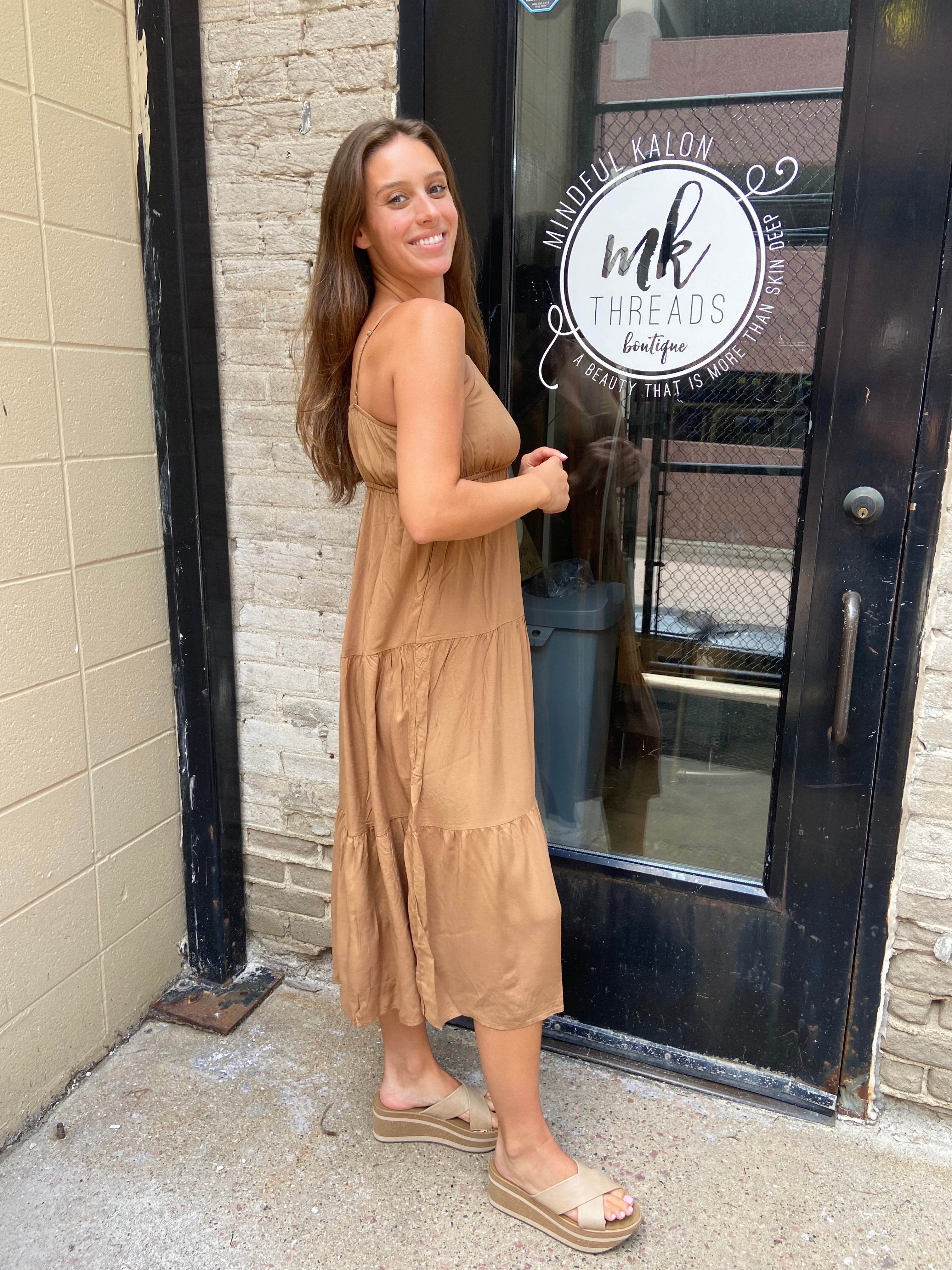 Keelie Camel Tiered Midi Dress