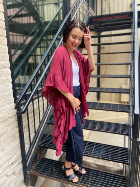 Kaitlee Maroon Thin Ruffle Cardigan