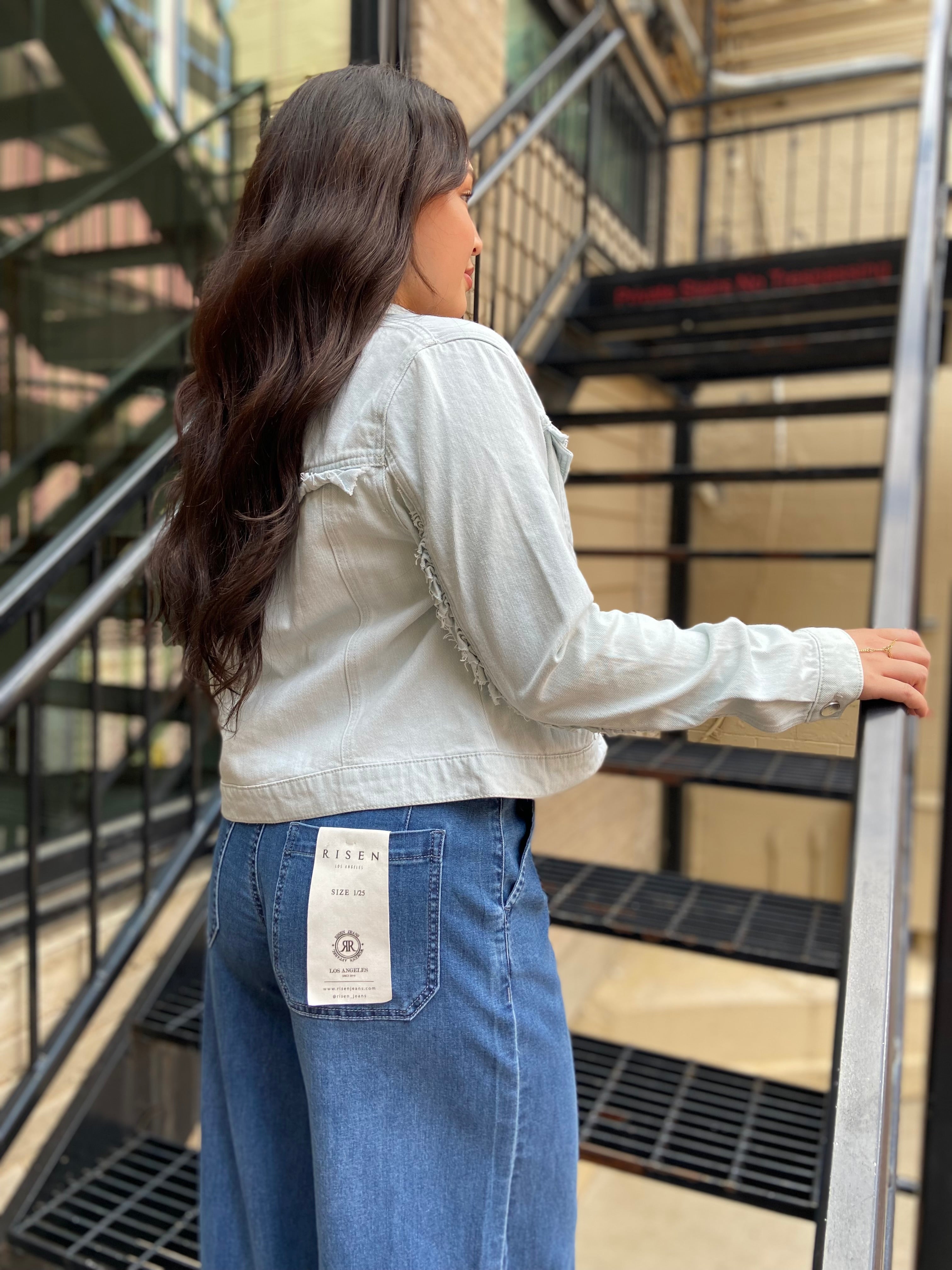 Eden Light Blue Ruffle Risen Jean Jacket - MK Threads Boutique