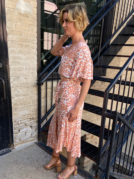 Theresa Orange Animal Print Midi Dress