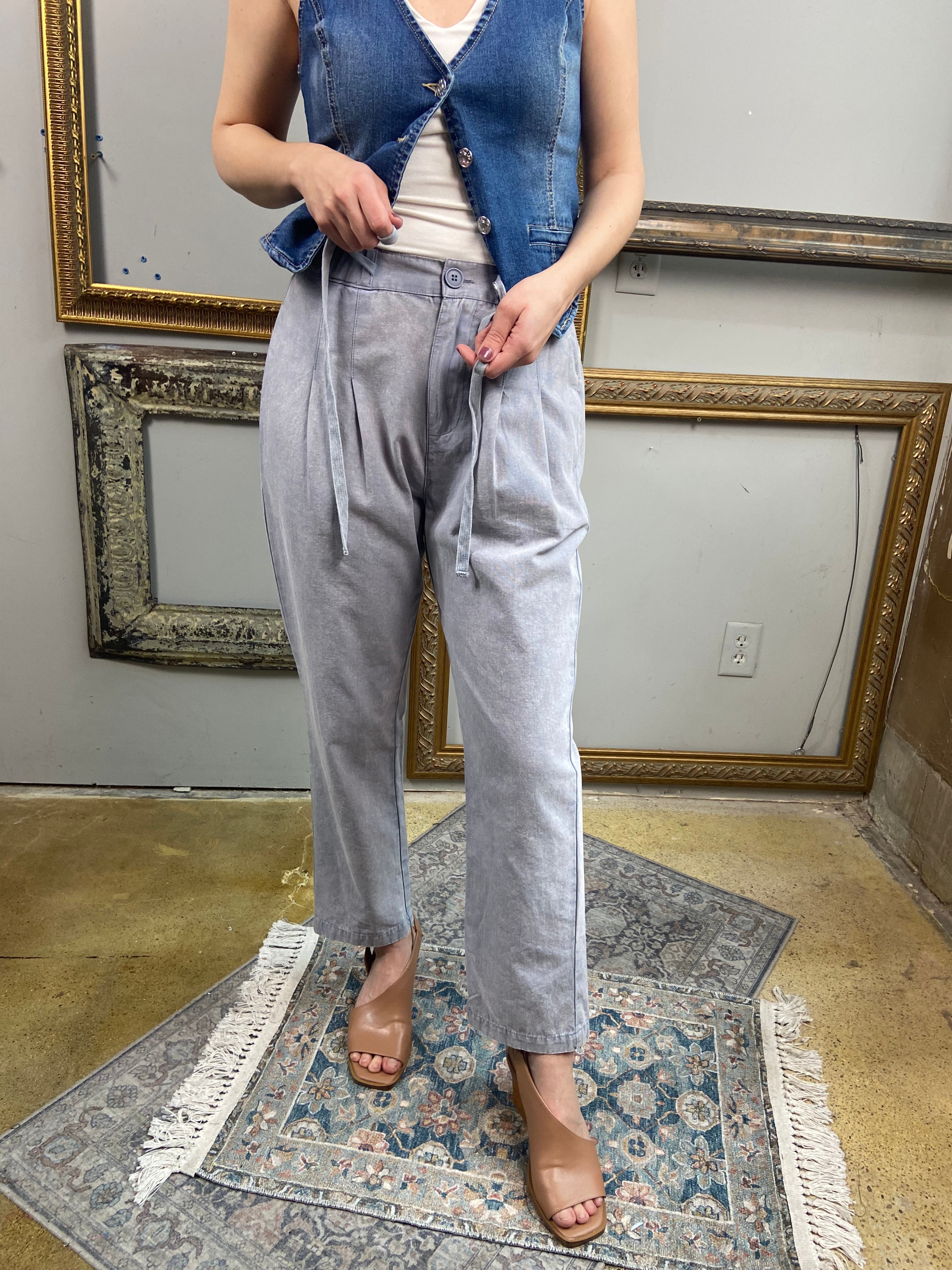 Leo Denim Blue Straight Leg Tie Waist Pants - MK Threads Boutique