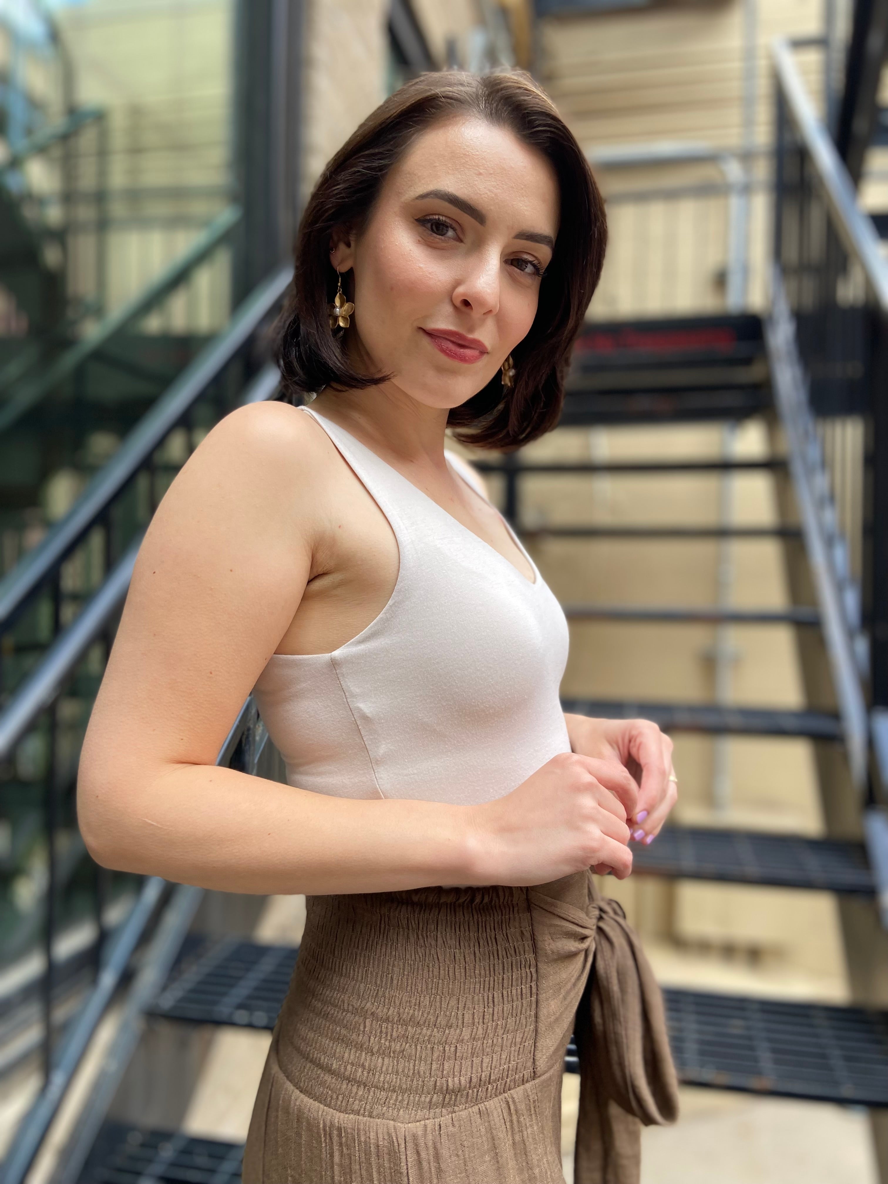 Rula Beige Double Line V Neck Tank Top - MK Threads Boutique