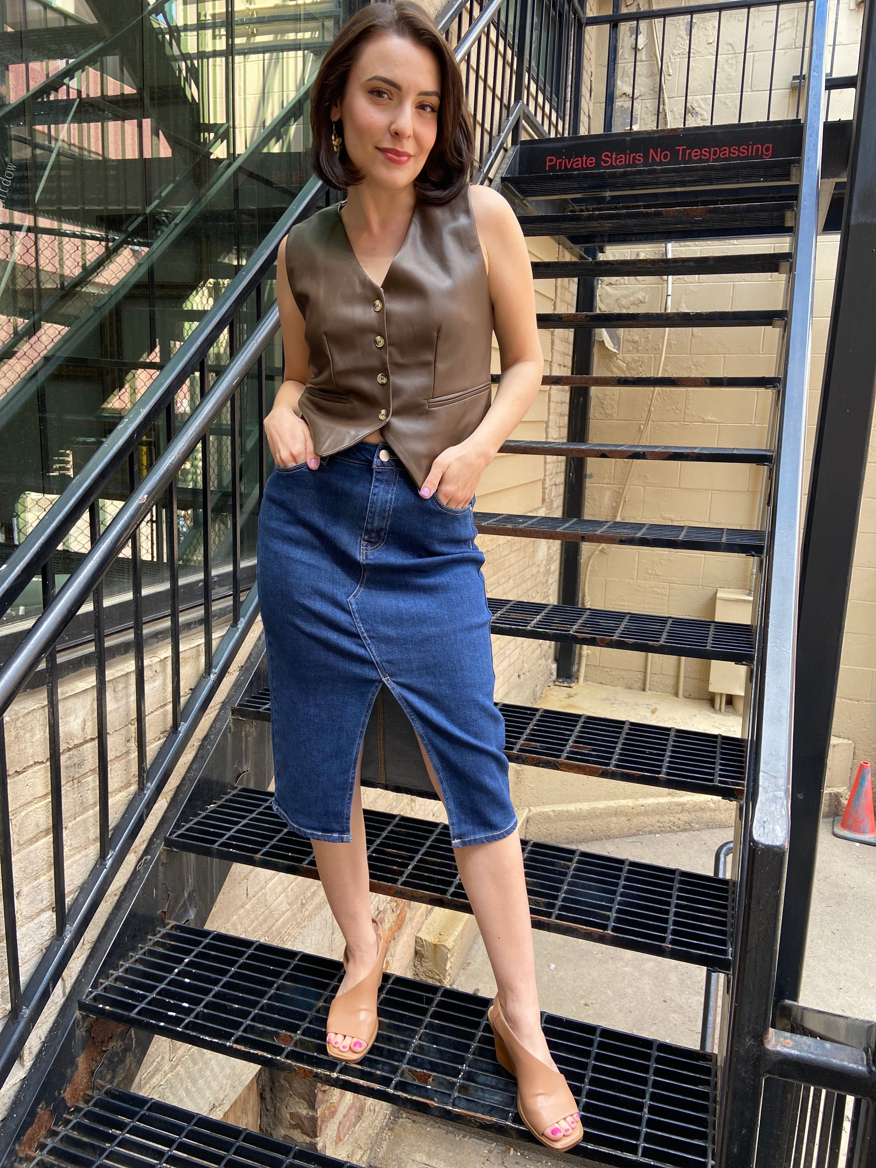 Nanci Dark Wash Midi Risen Jean Skirt