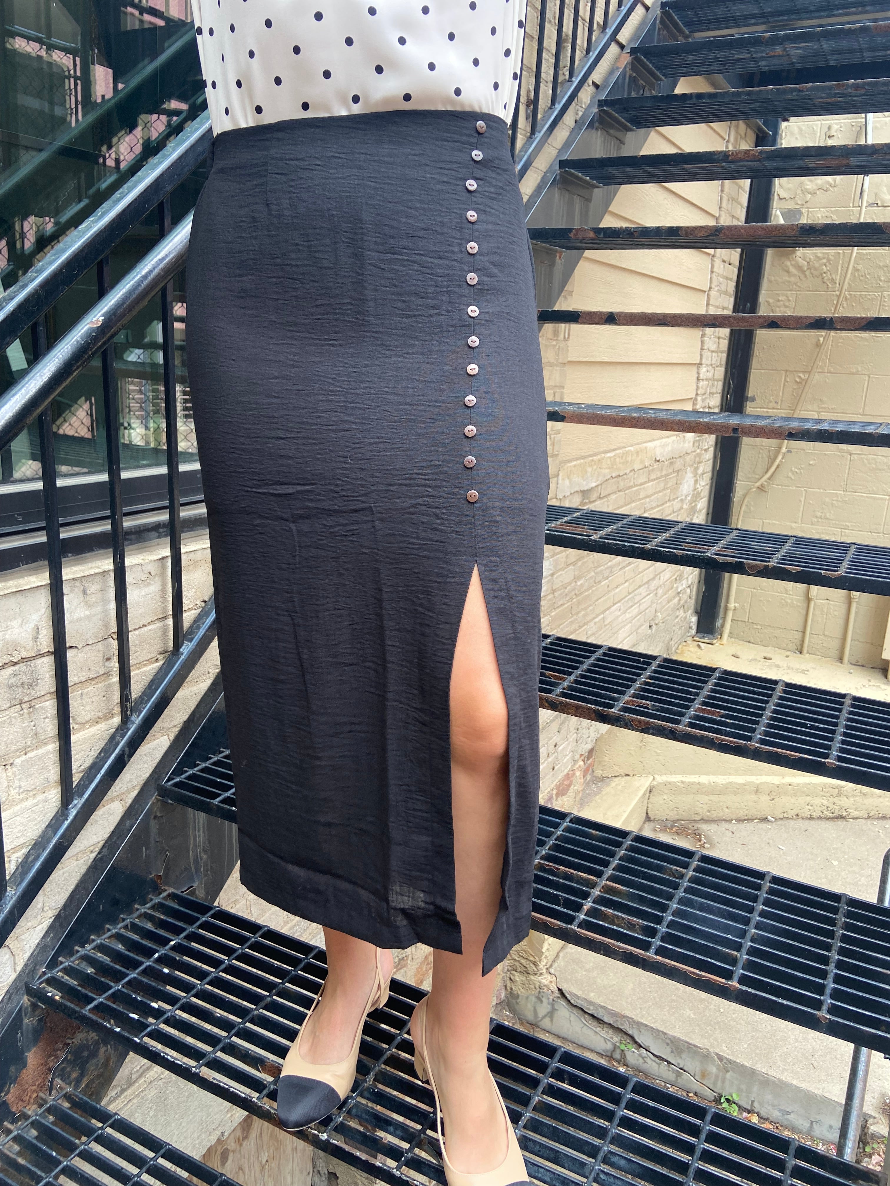 Ray Black Front Slit Button Down Linen Skirt