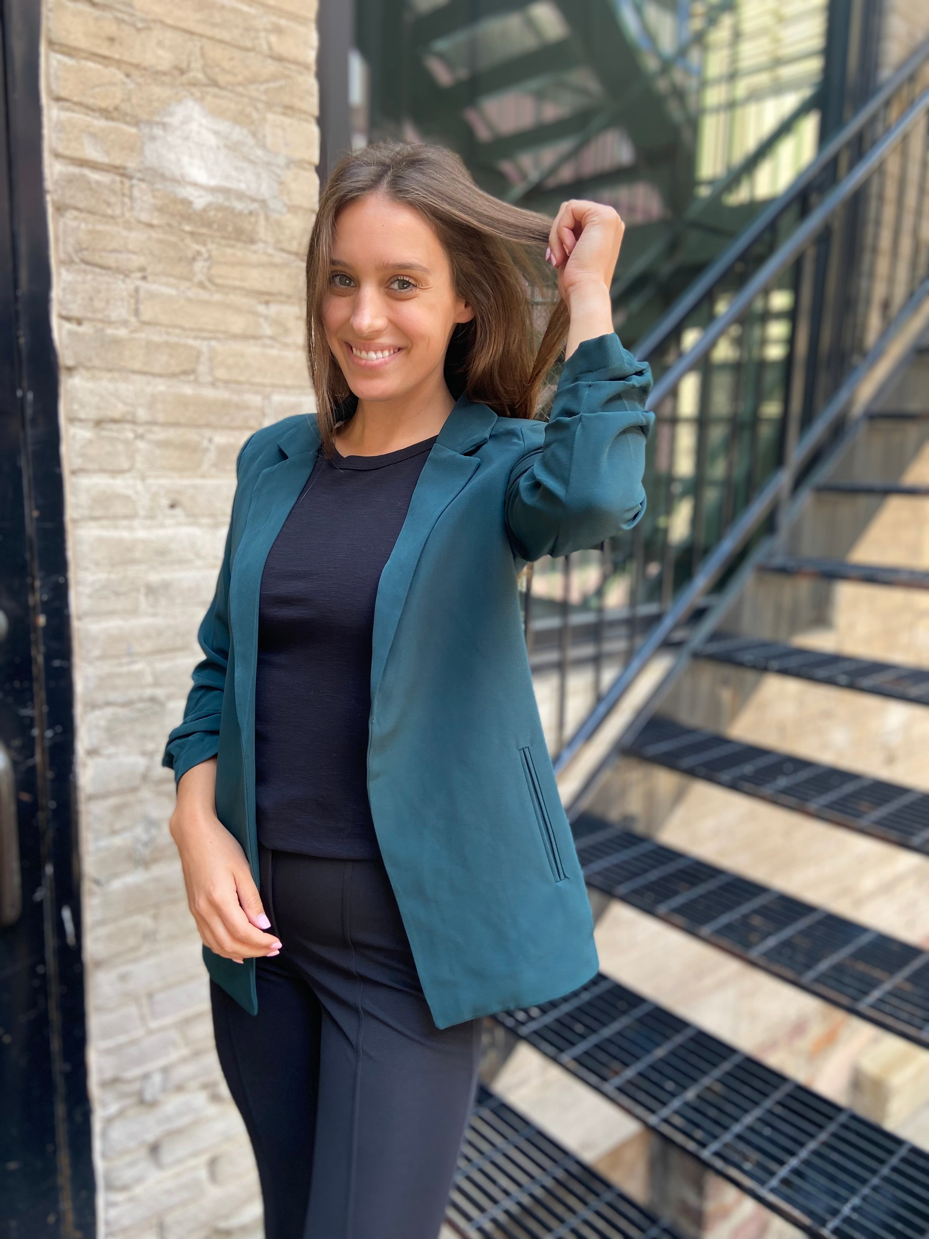 Irena Hunter Green Half Sleeve Open Cropped Blazer