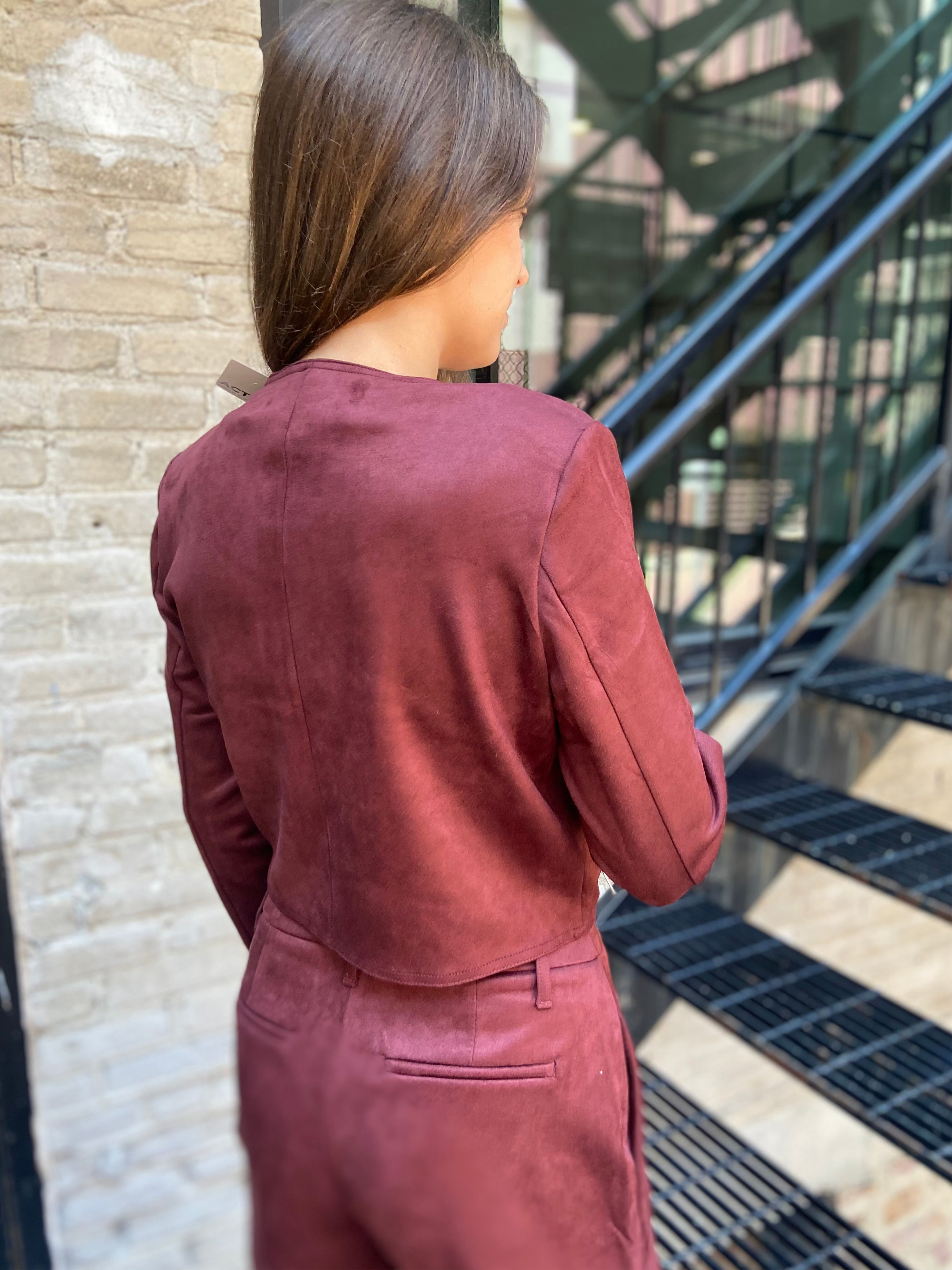 Angela Burgundy Suede Long Sleeve Zip Up Jacket