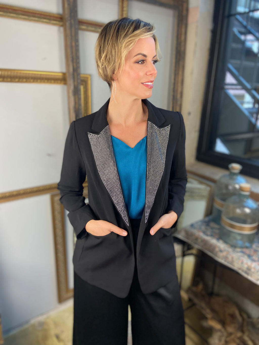 Donna Black Rhinestone Studded Blazer