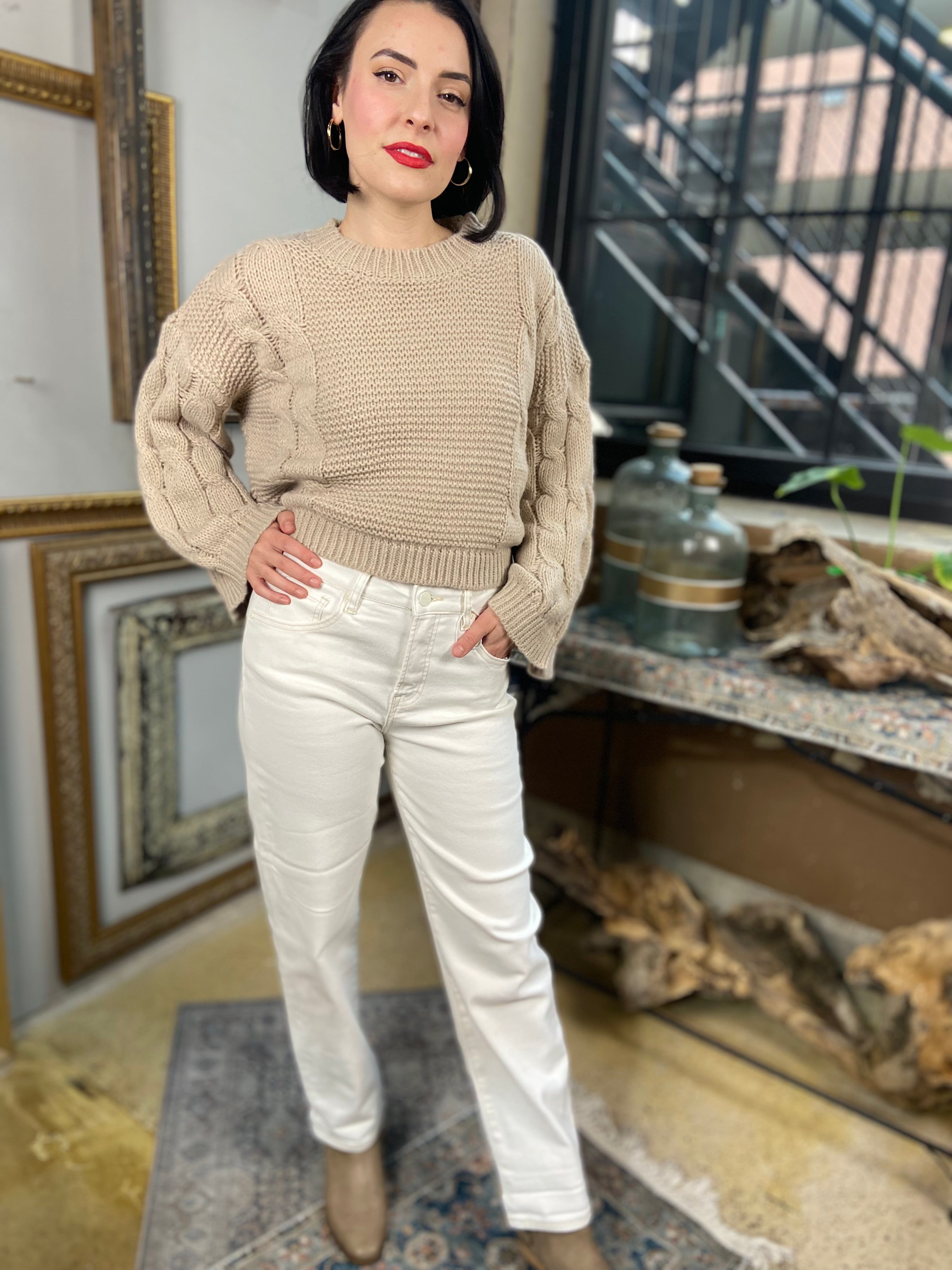 James Beige Cable Knit Loose Sweater