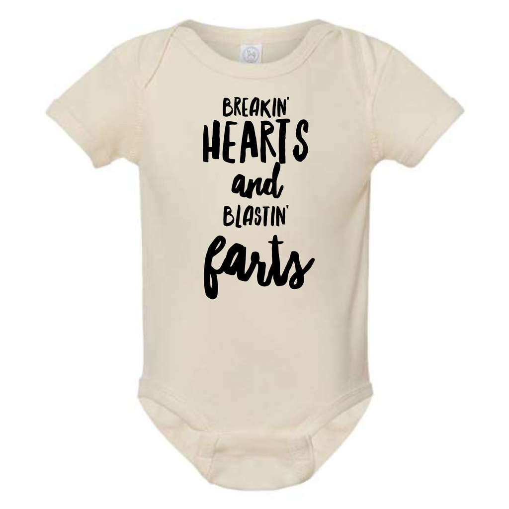 BREAKIN' HEARTS AND BLASTIN' FARTS BABY ONESIE: Black -6 months