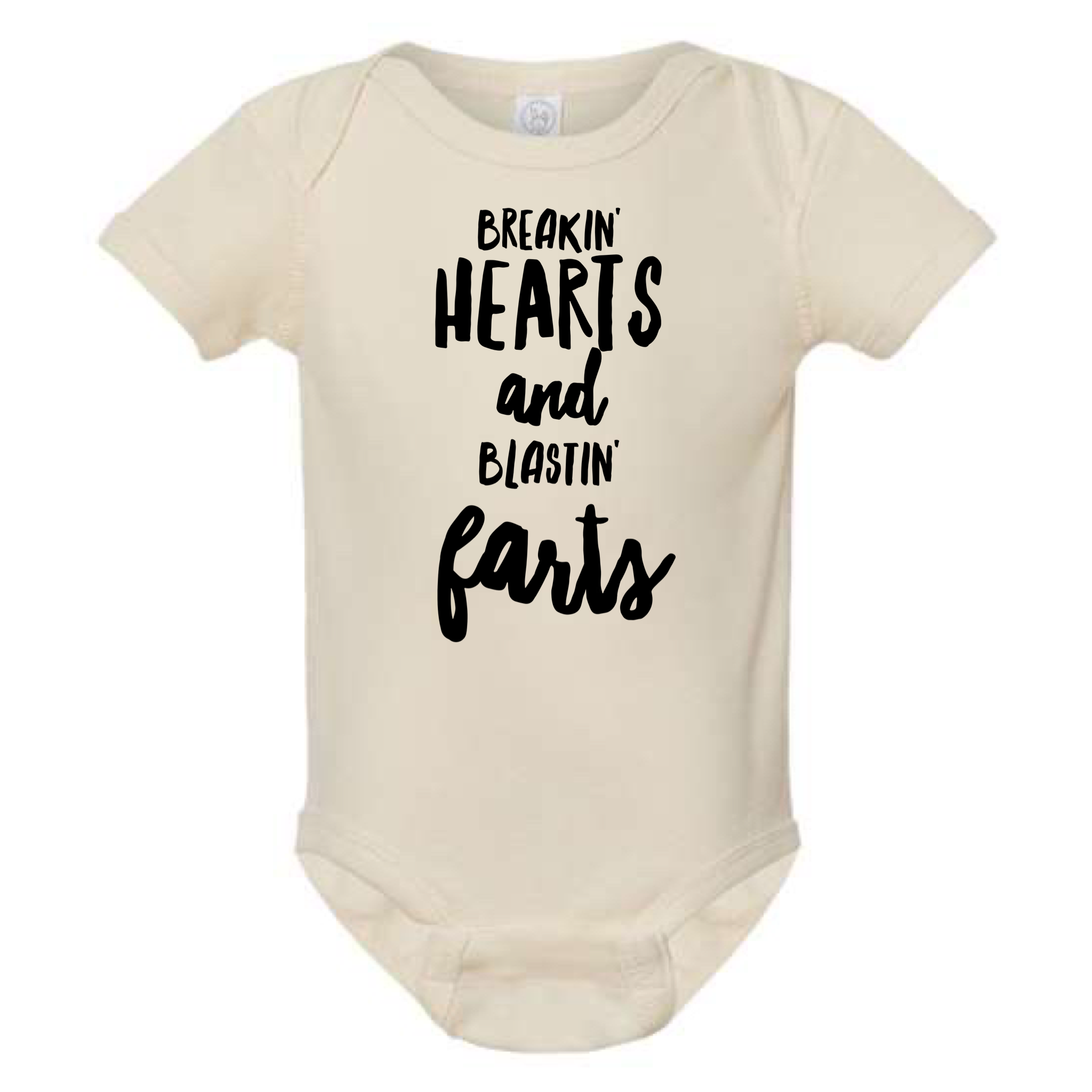 BREAKIN' HEARTS AND BLASTIN' FARTS BABY ONESIE: Black -6 months