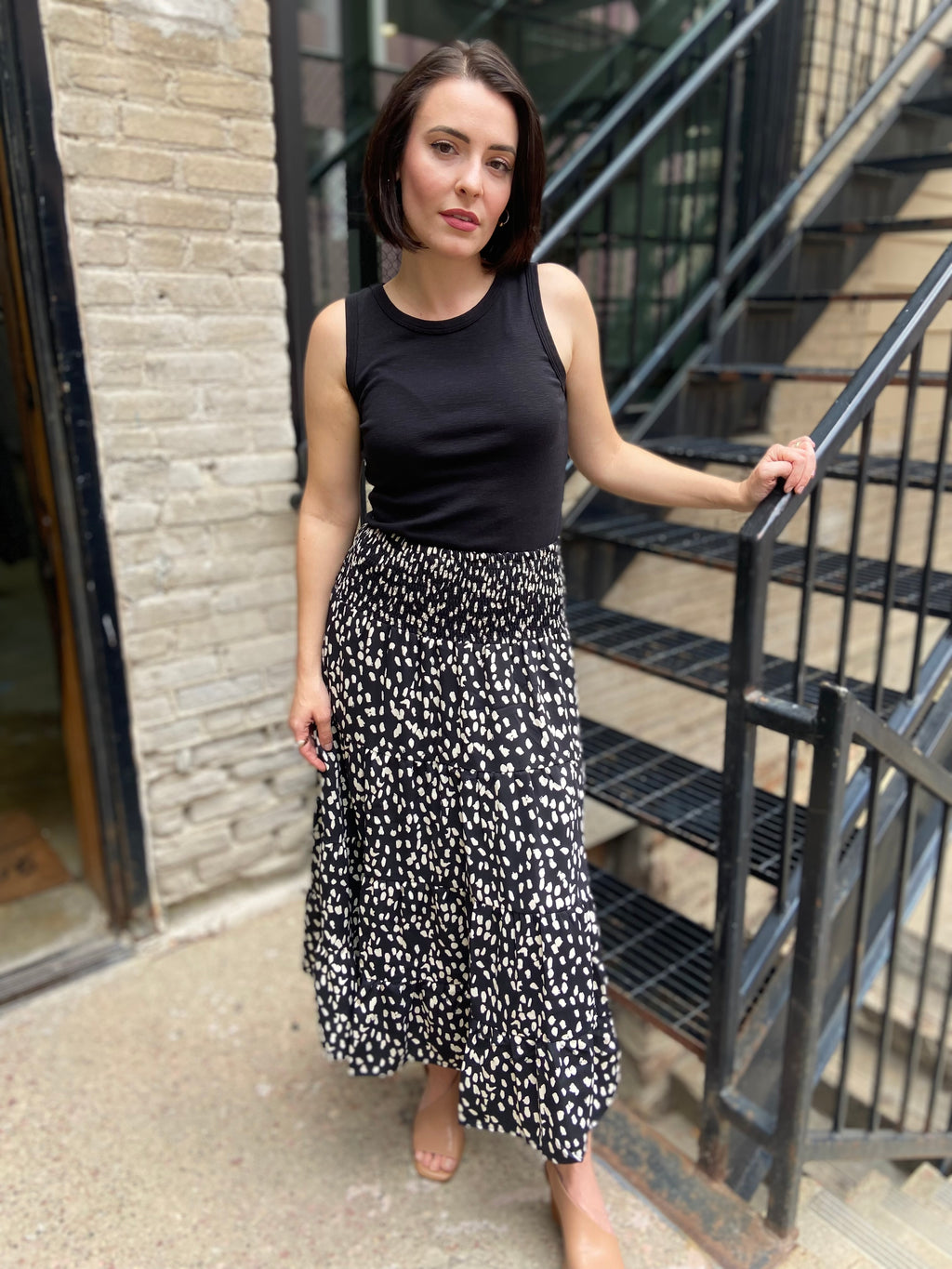 Nicola Black Pattern Slit Midi Skirt