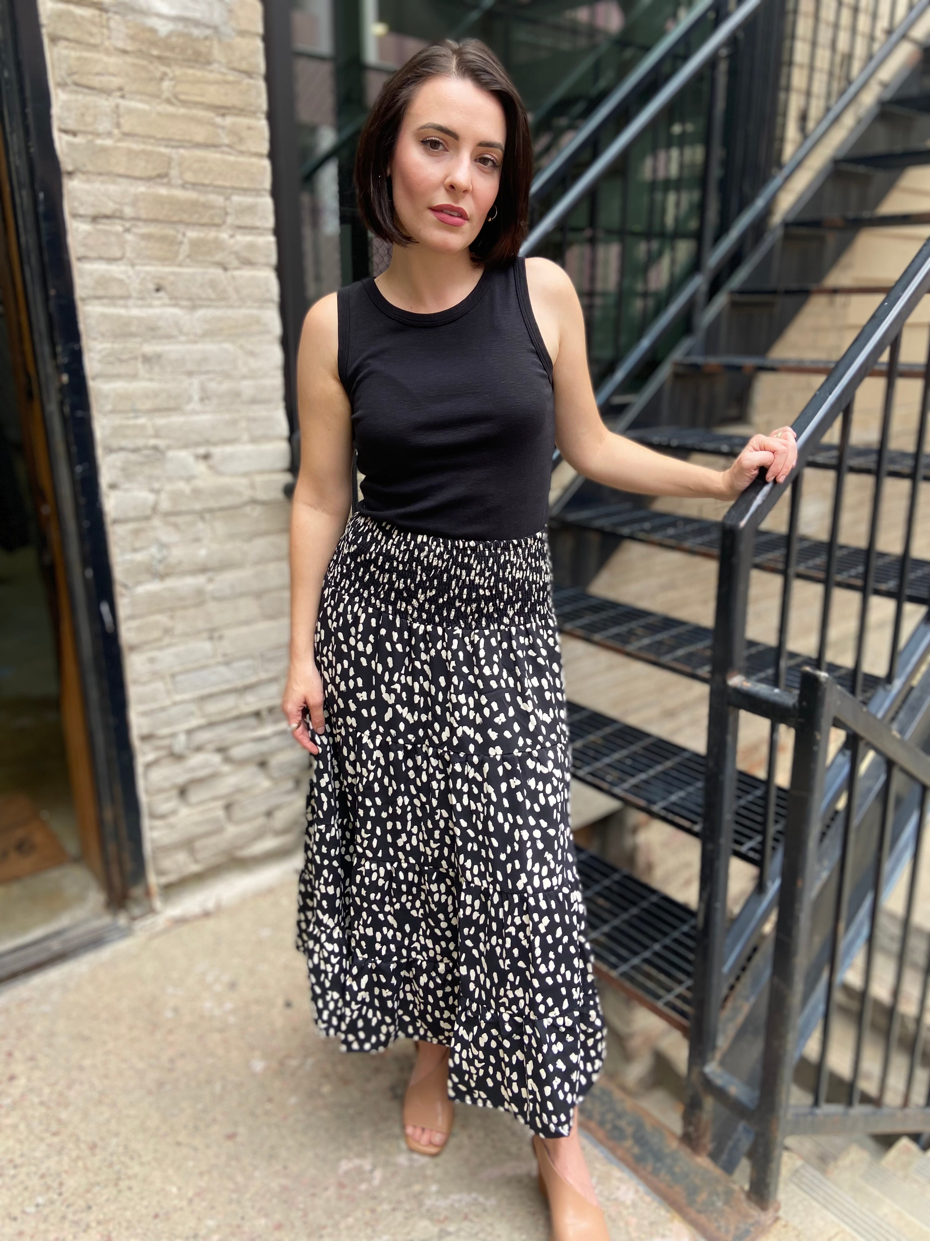 Nicola Black Pattern Slit Midi Skirt
