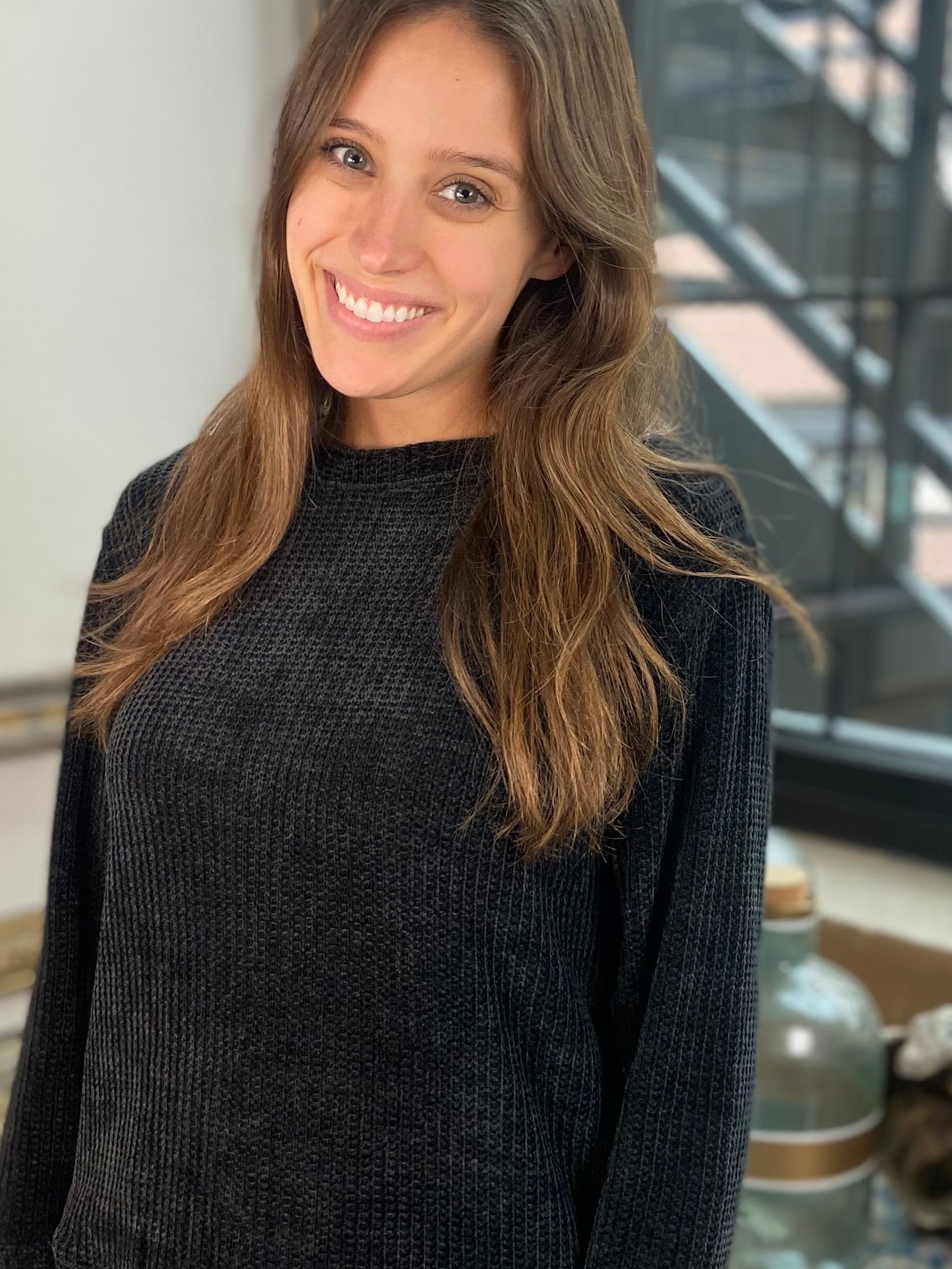 Kayla Black Chenille Waffle Round Neck Sweater