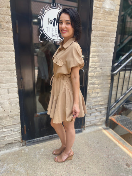 Sherri Camel Collared Ruffle Dress