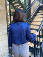 Brooke Navy Tie Long Balloon Sleeve Blouse