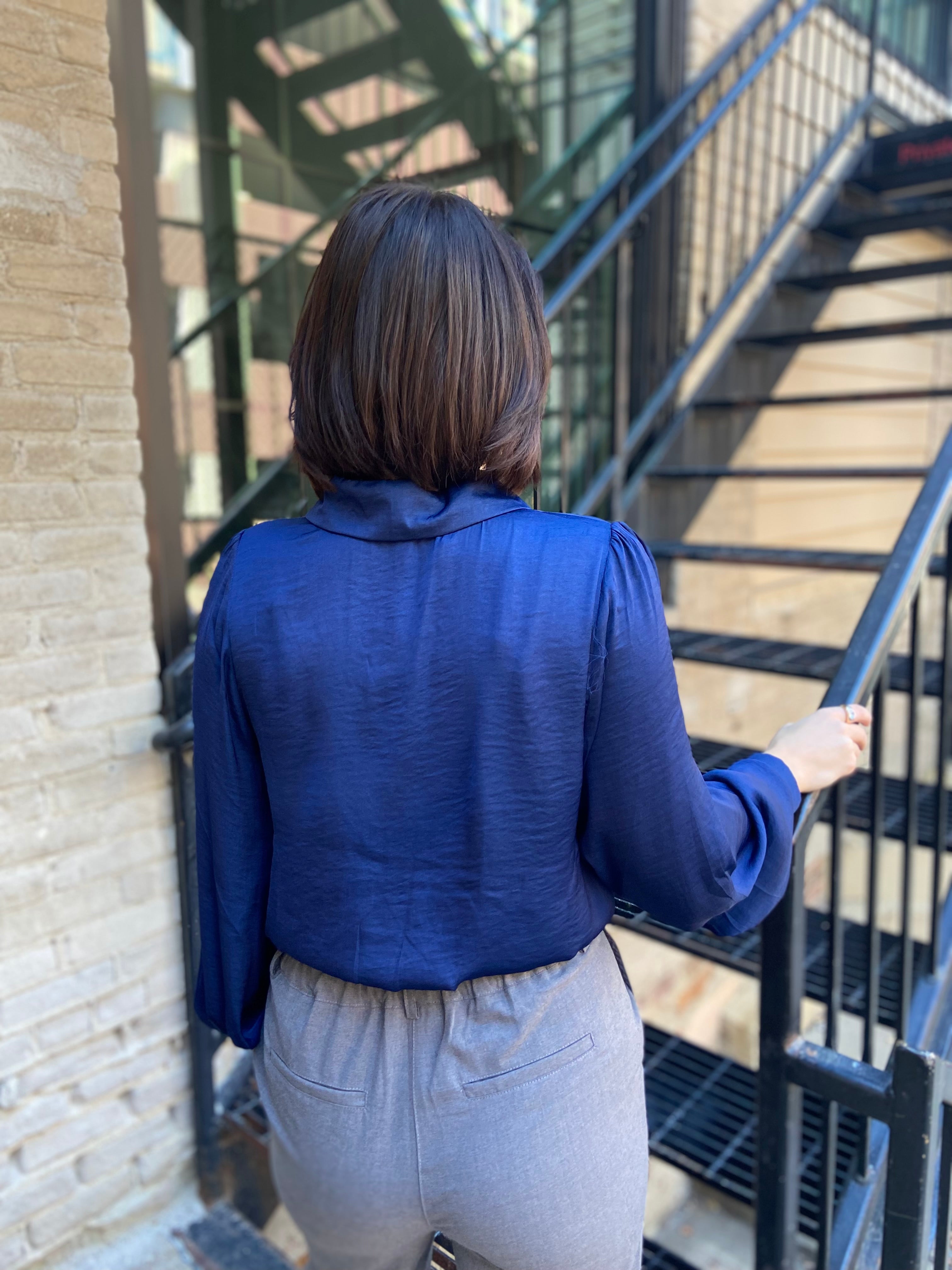 Brooke Navy Tie Long Balloon Sleeve Blouse