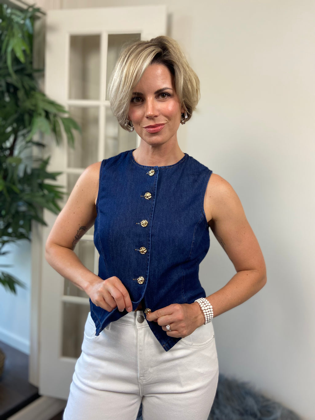 Ezra Dark Wash Denim Gold Button Detail Vest - MK Threads Boutique