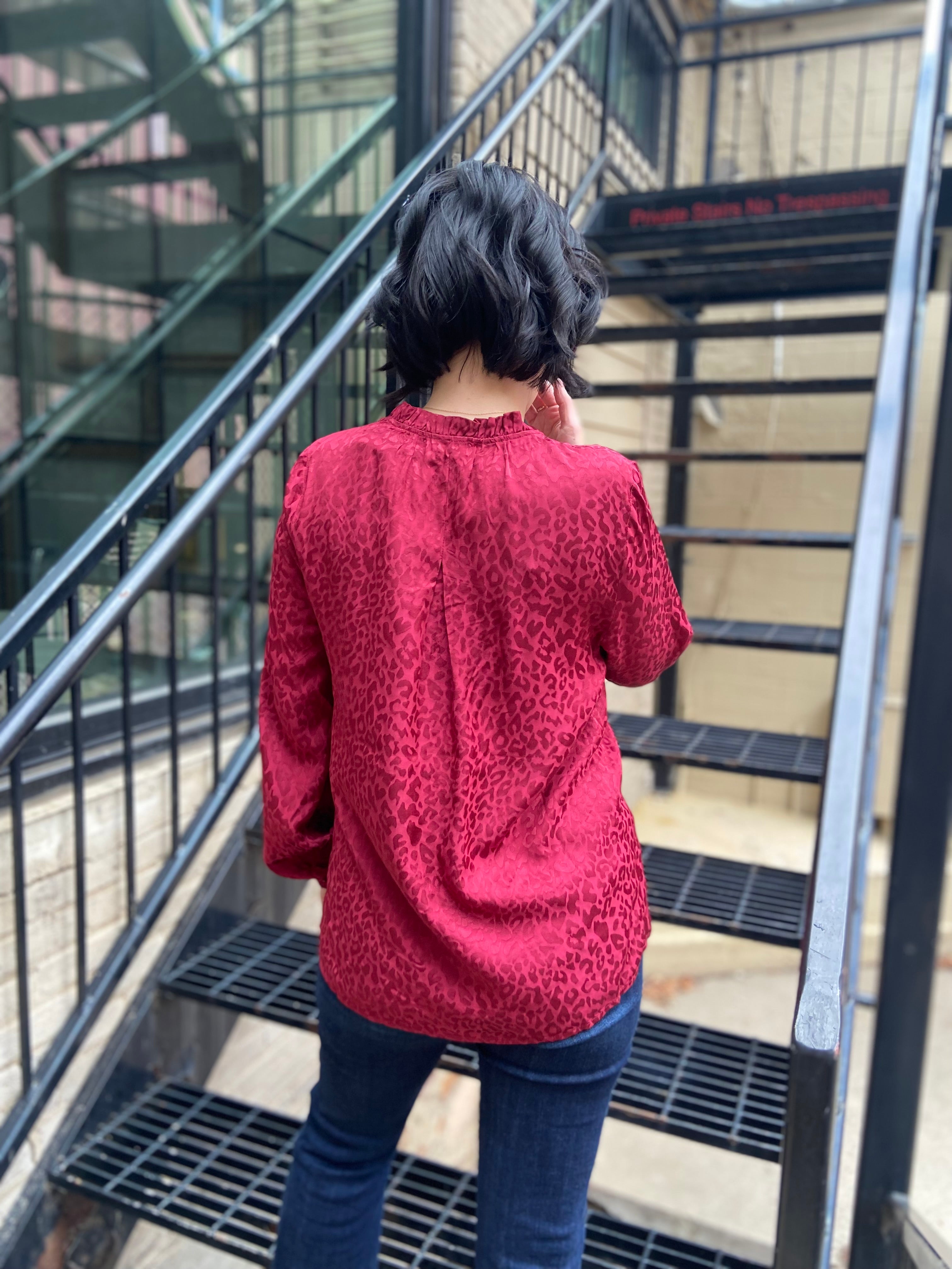 Jaquelin Burgundy Leopard Print Long Sleeve Blouse