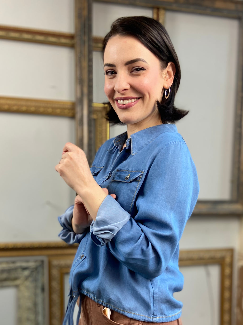 Mayan Medium Blue Denim Long Sleeve Button Up