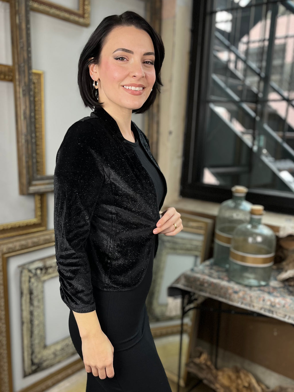 Angie Black Velvet Glitter Cropped Jacket