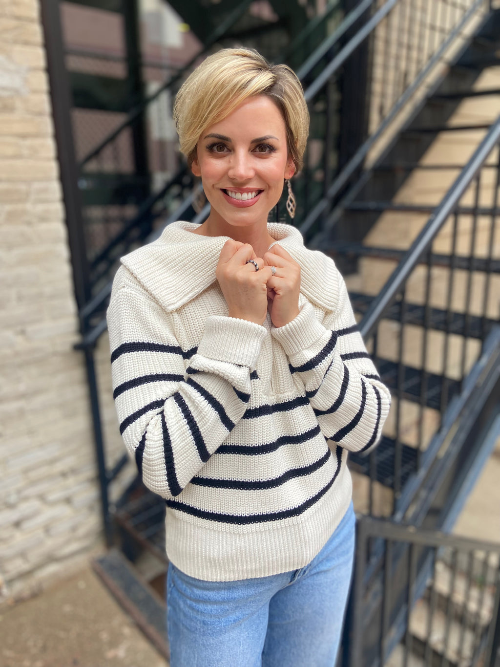 Kim Cream & Black Striped Half Zip Sweater