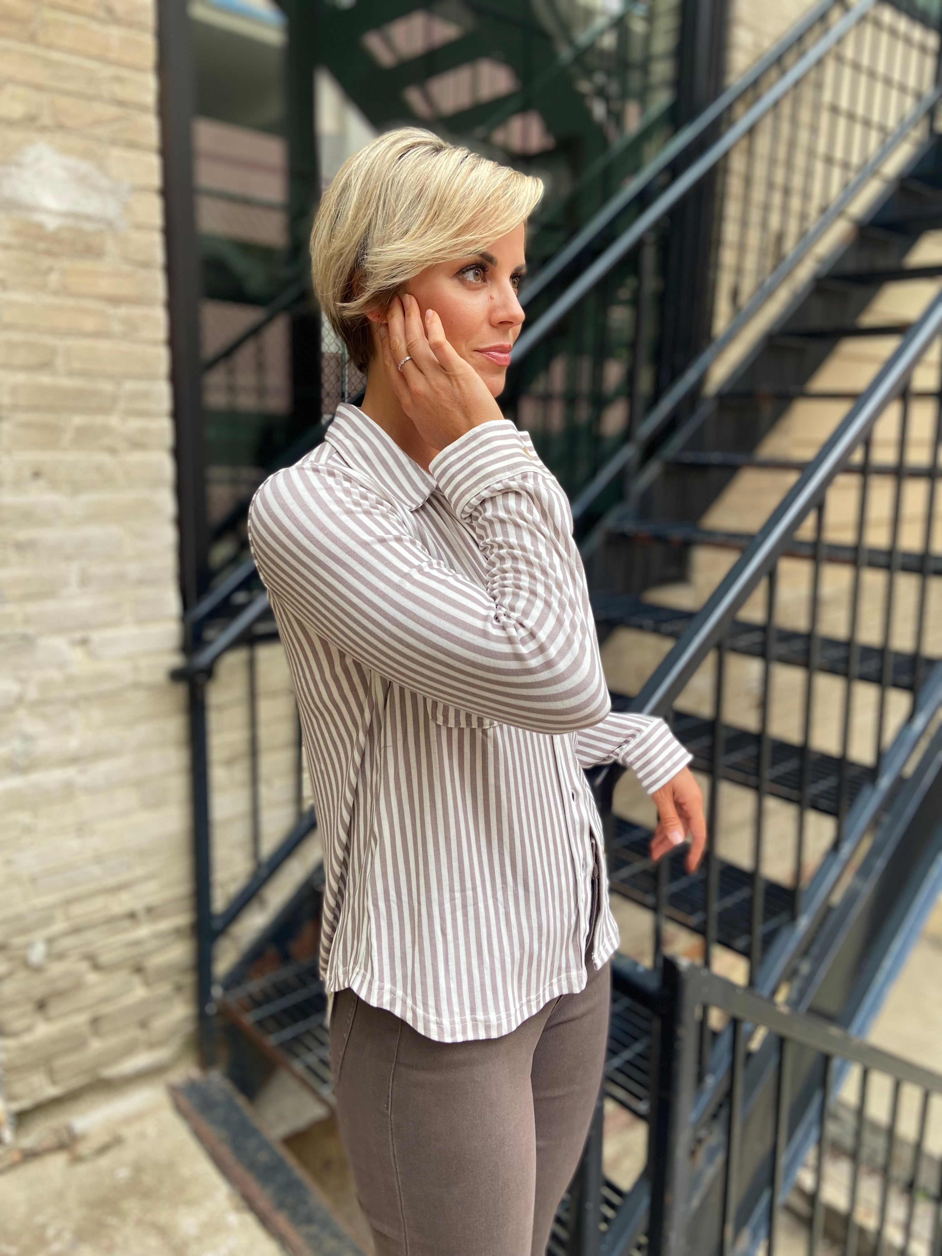 Everlee Mocha Striped Long Sleeve Button Down