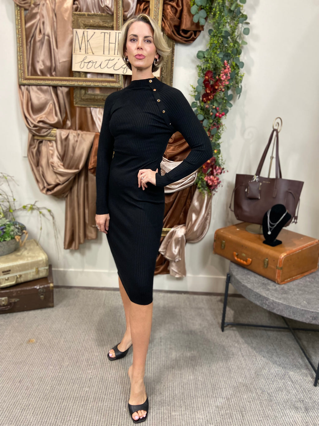Ella Black Shoulder Button Midi Dress