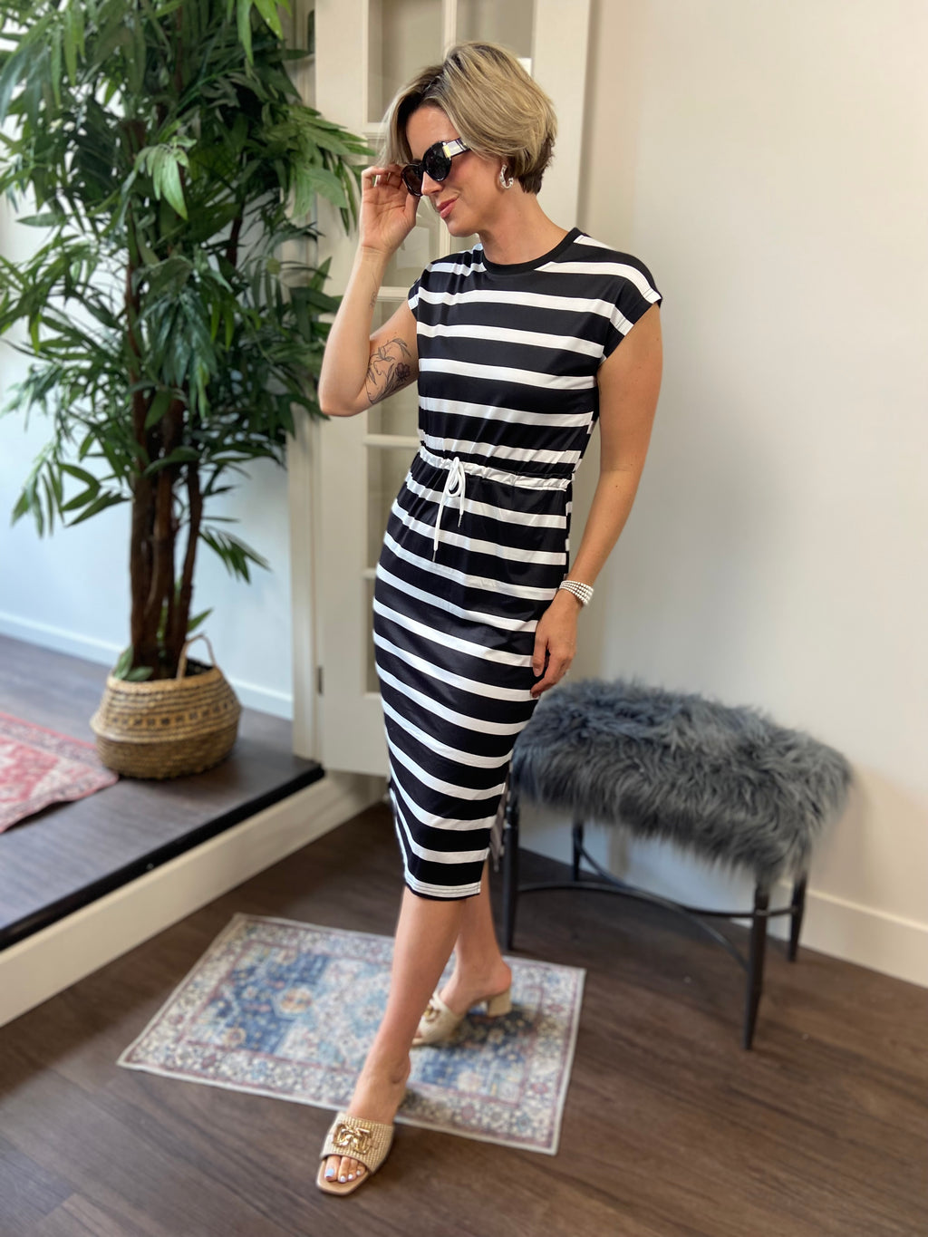 Amara Black & White Stripe Tie Waist Midi Dress