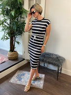 Amara Black & White Stripe Tie Waist Midi Dress