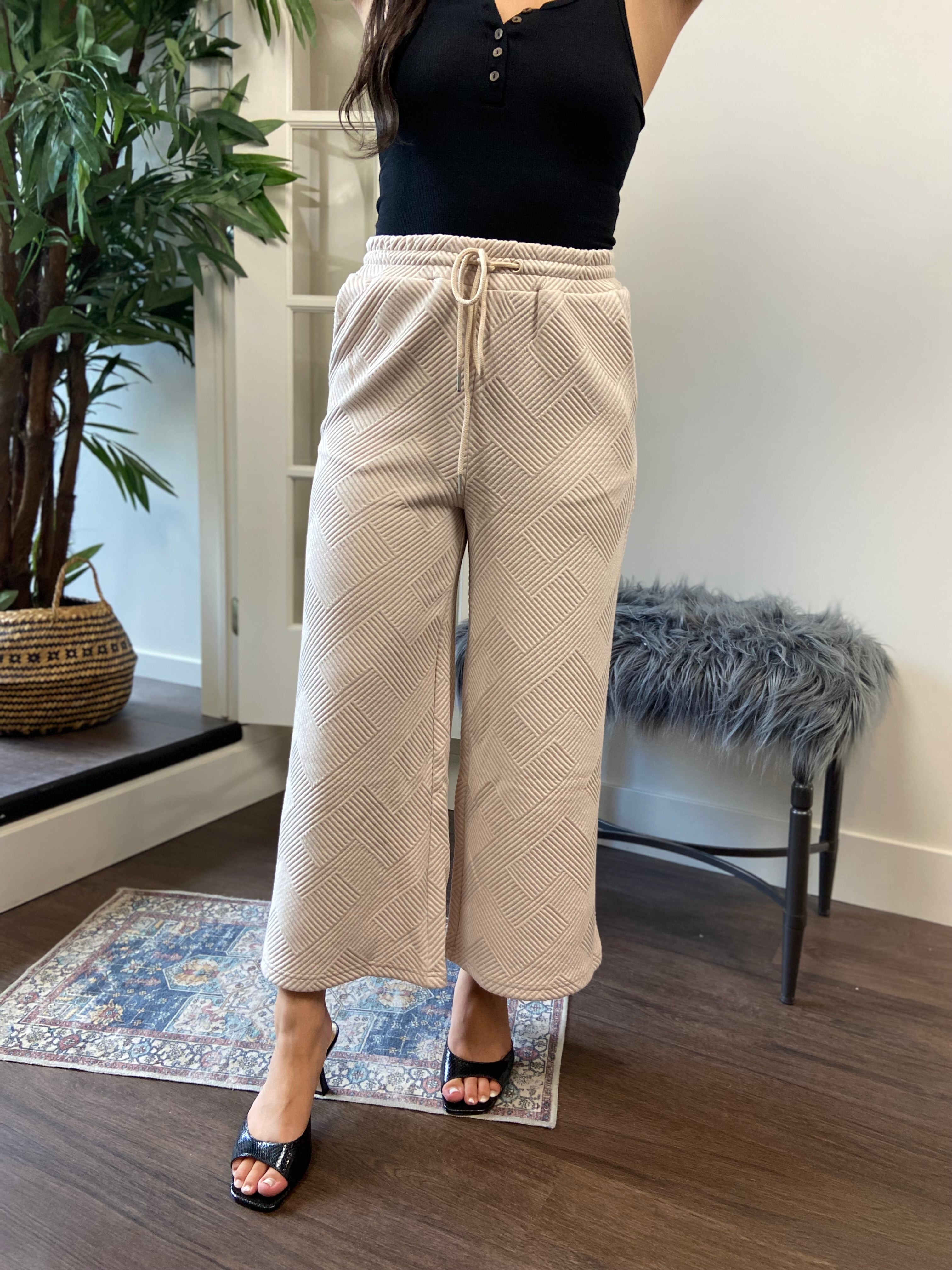Belen Beige Quilt Textured Wide Leg Pants - MK Threads Boutique