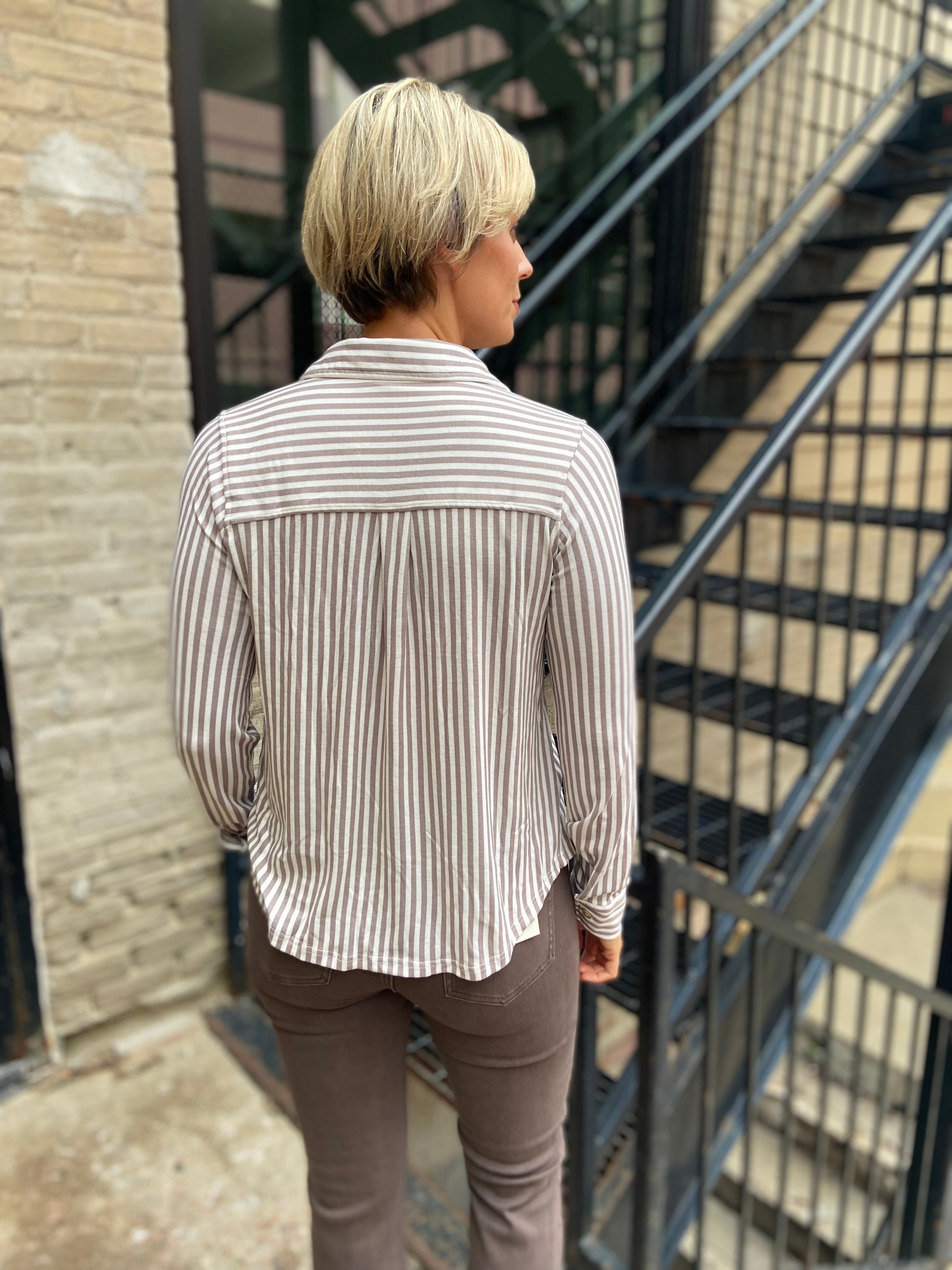 Everlee Mocha Striped Long Sleeve Button Down