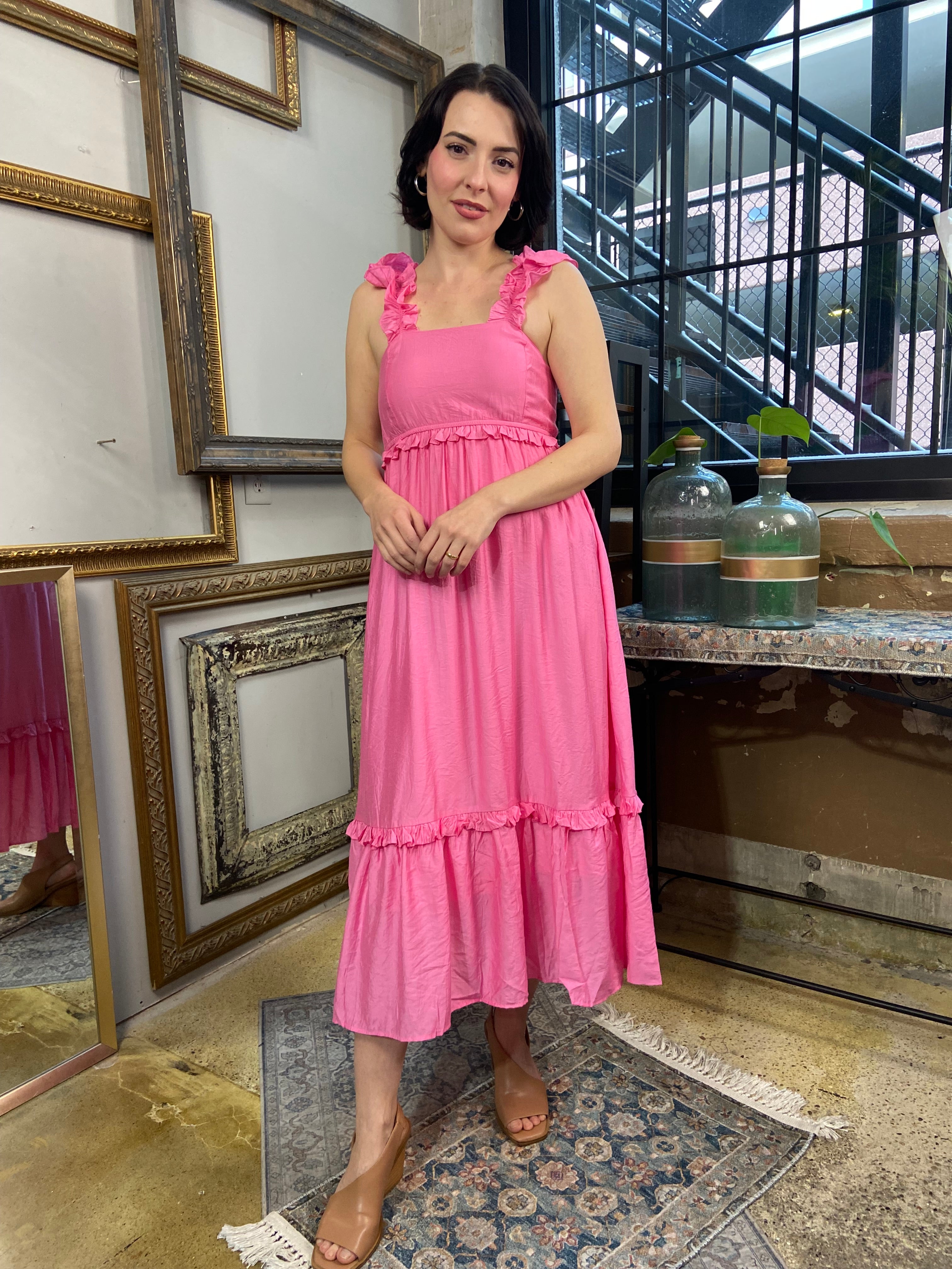 Mila Pink Sleeveless Ruffle Detail Midi Dress