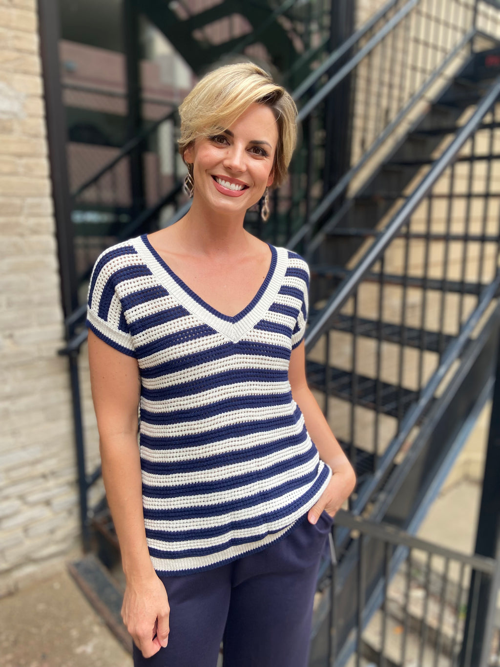 KiKi Navy Striped Crochet Knit Short Sleeve