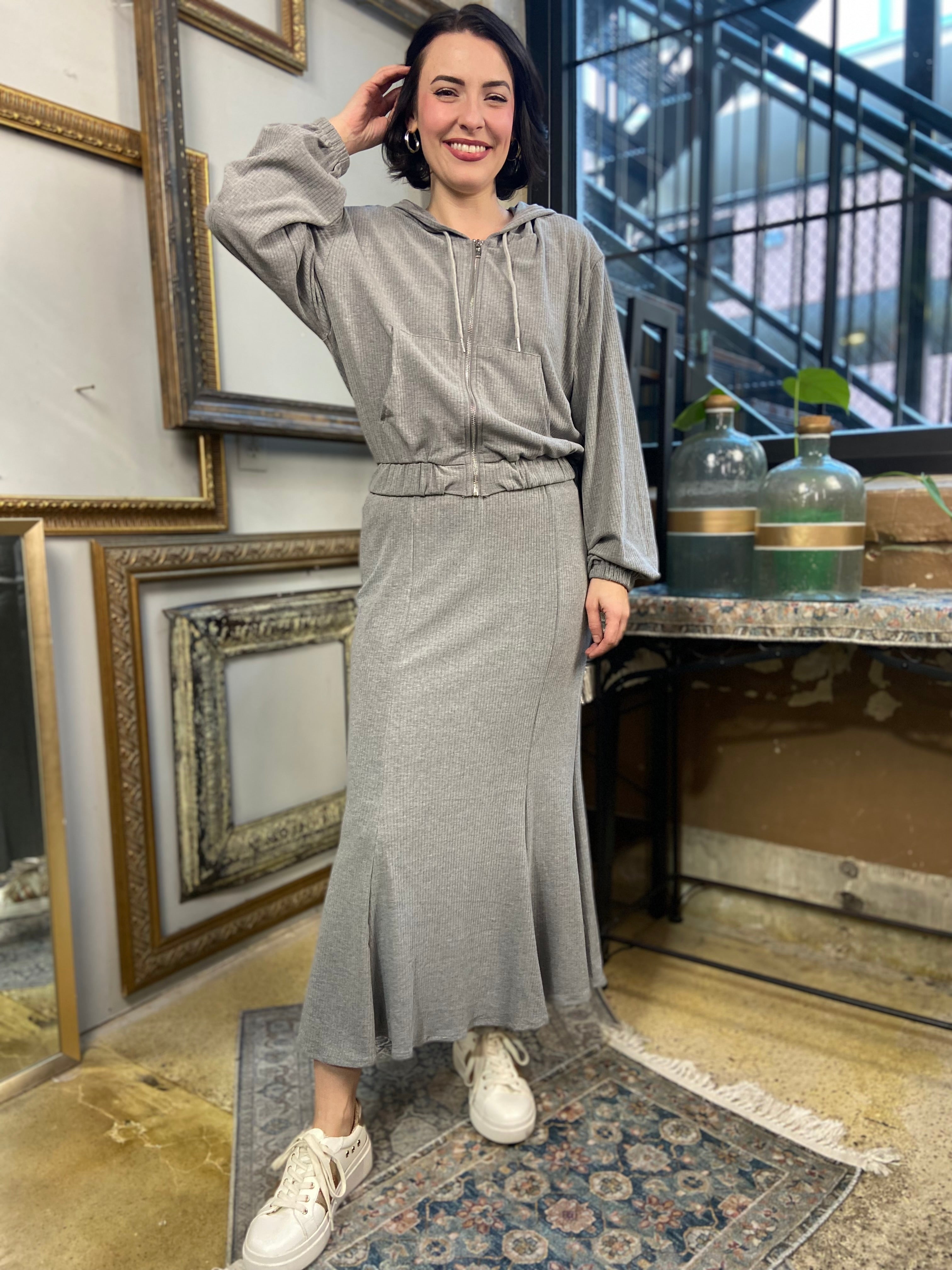 Olivia Gray Ribbed Crop Zip Up & Midi Skirt Set - MK Threads Boutique