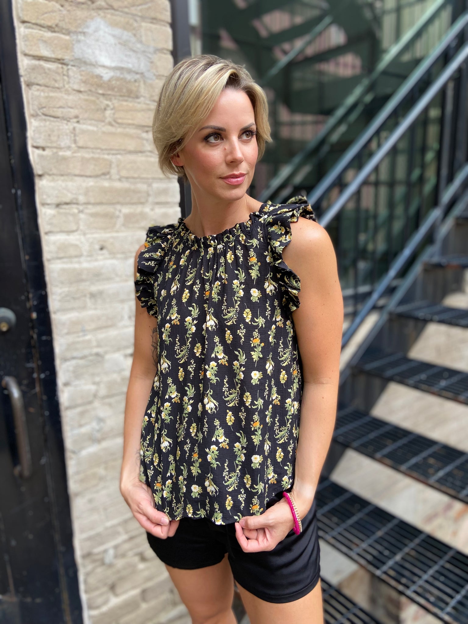Onyx Black Floral Ruffle Sleeveless Top
